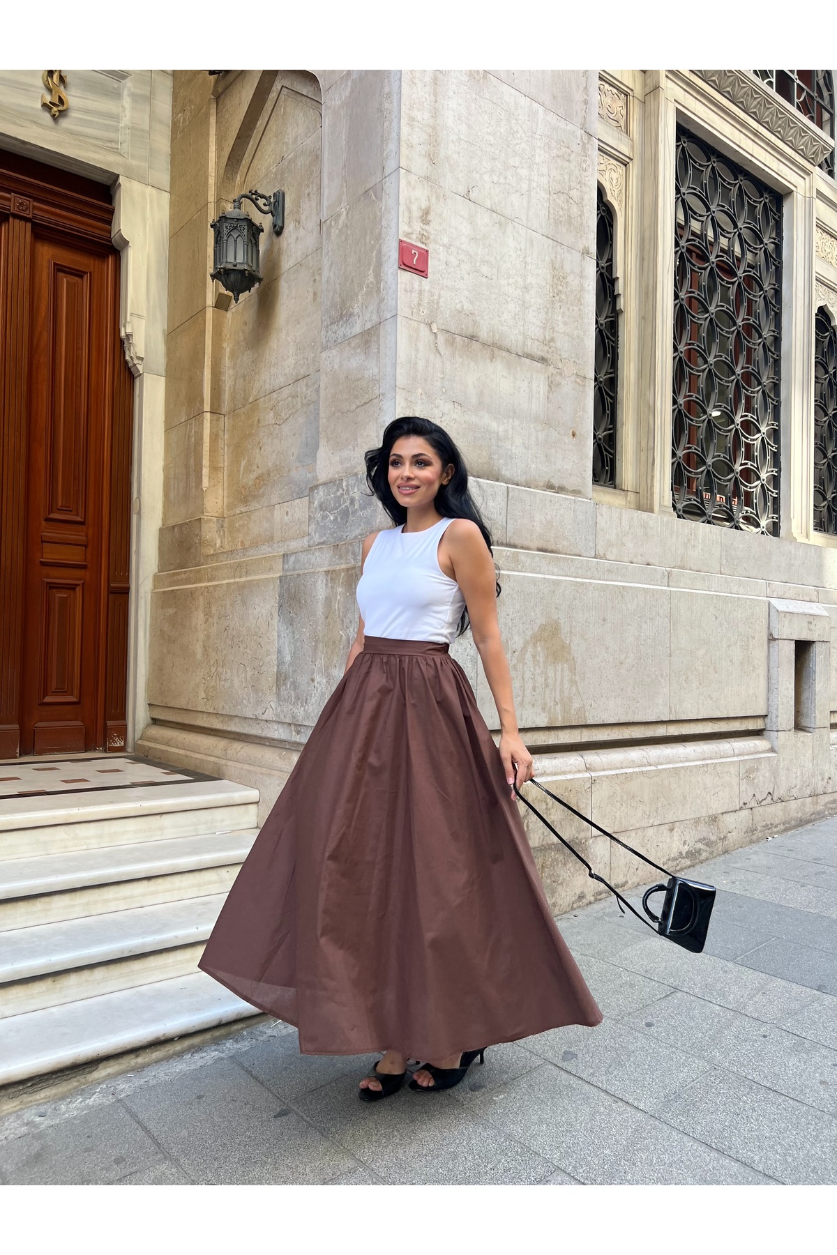 KÜÇÜĞÜM BUTİK  Kahverengi Kloş Poplin Etek - Görsel 4