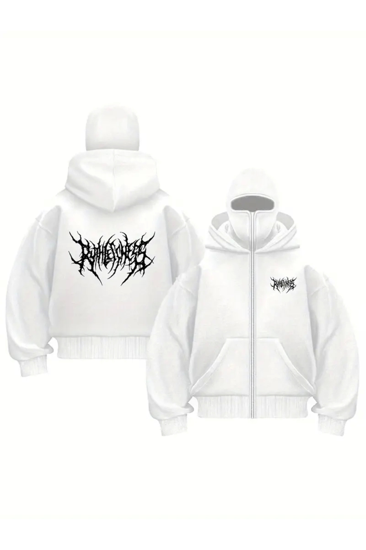 1blood Beyaz Unisex Oversize Tam Fermuarlı Maskeli Gotik Kapüşonlu Hoodie Sweatshirt — سفید P3617S519