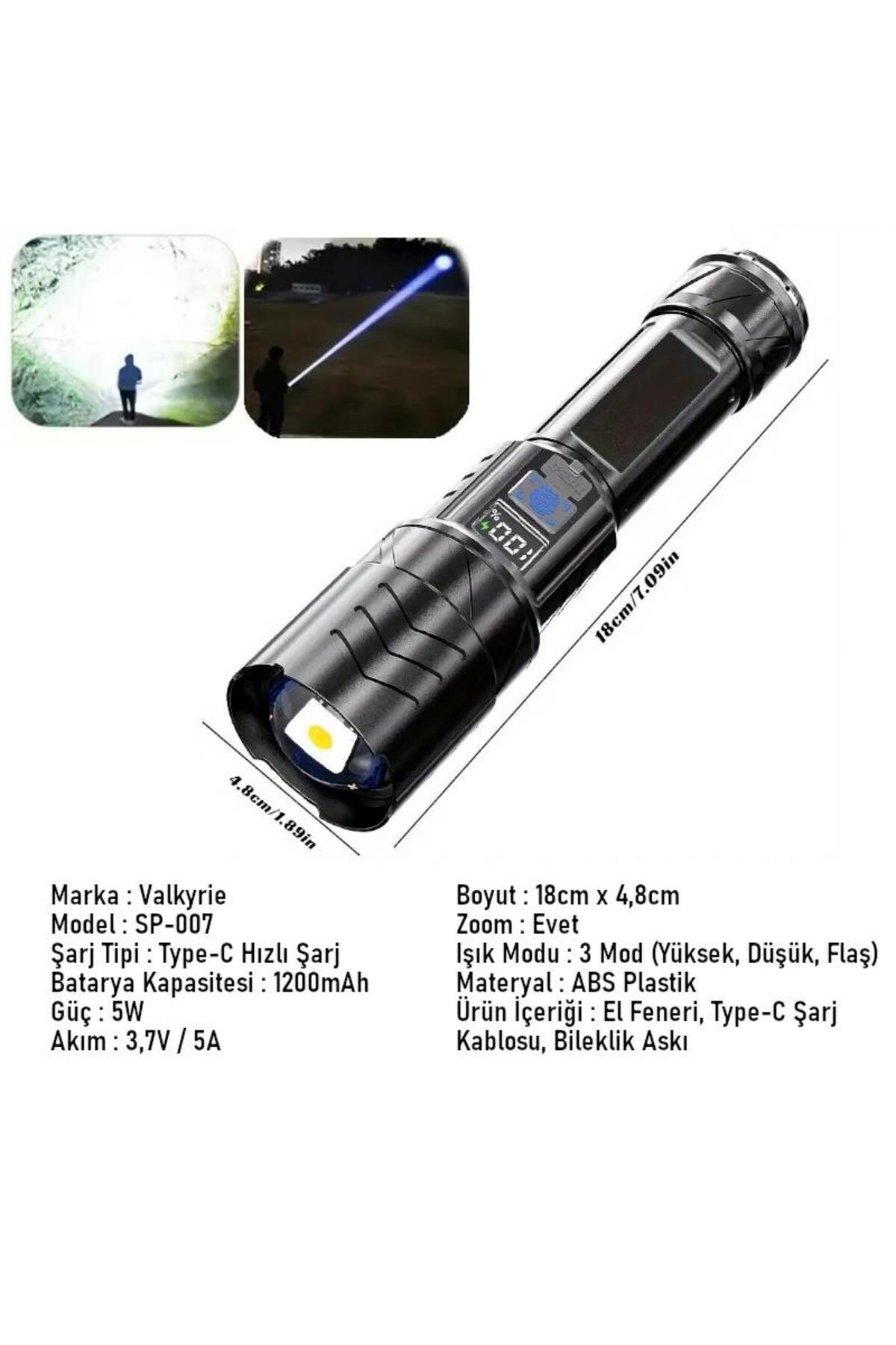 valkyrie Şarjlı LED El Feneri 3 Mod Zoom Dijital Göstergeli Type-C