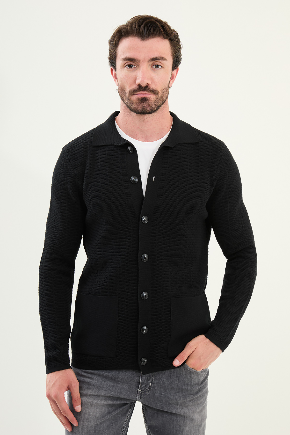 Desenli Slim Fit Torba Cep Gömlek Yaka Erkek Triko Ceket Siyah - 11241.25K — رنگارنگ