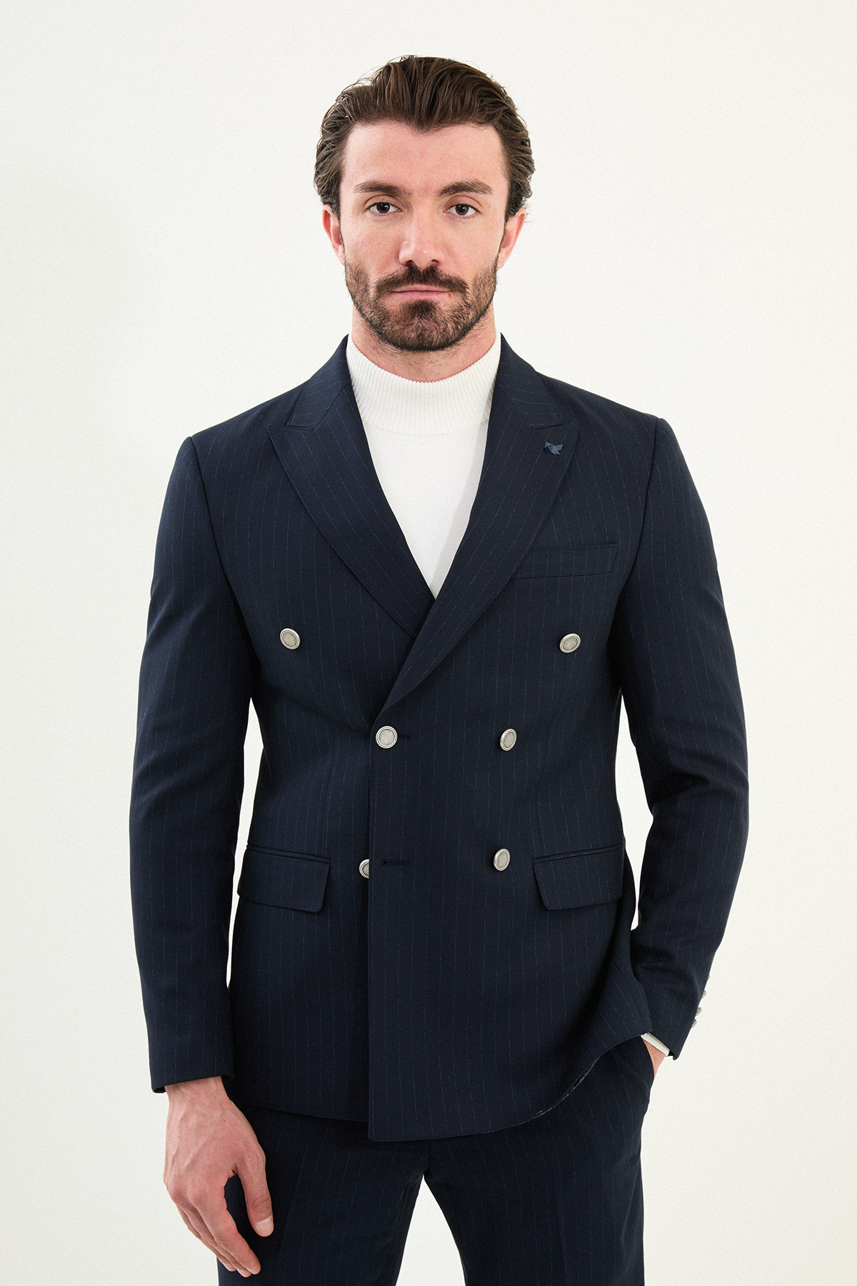 Mcr Çizgili Slim Fit Geniş Yaka Kruvaze Metal Düğmeli Erkek Takım Elbise Lacivert - 45408.25K