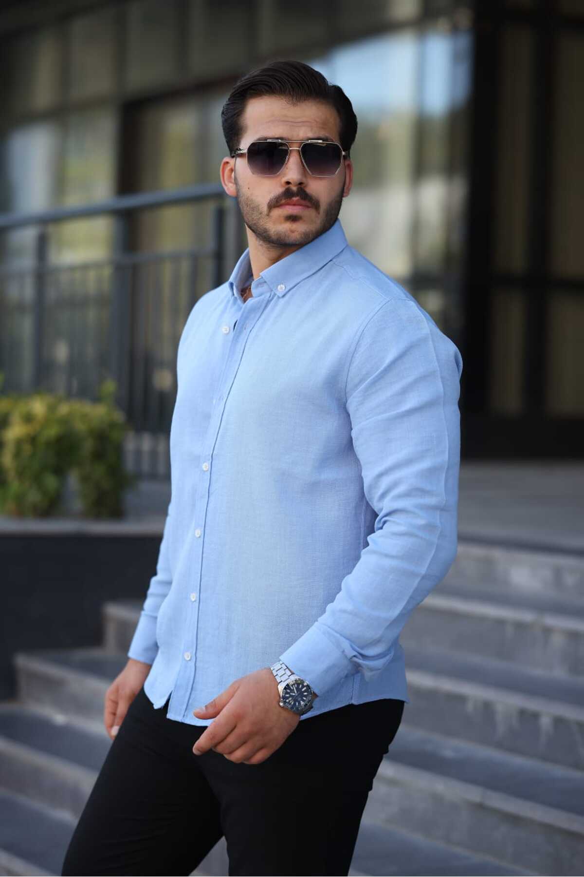 Keten Pera Kumaş Dökümlü Regular Kalıp Erkek Gömlek — آبی NEWELLİ030 — تصویر 3 از 5