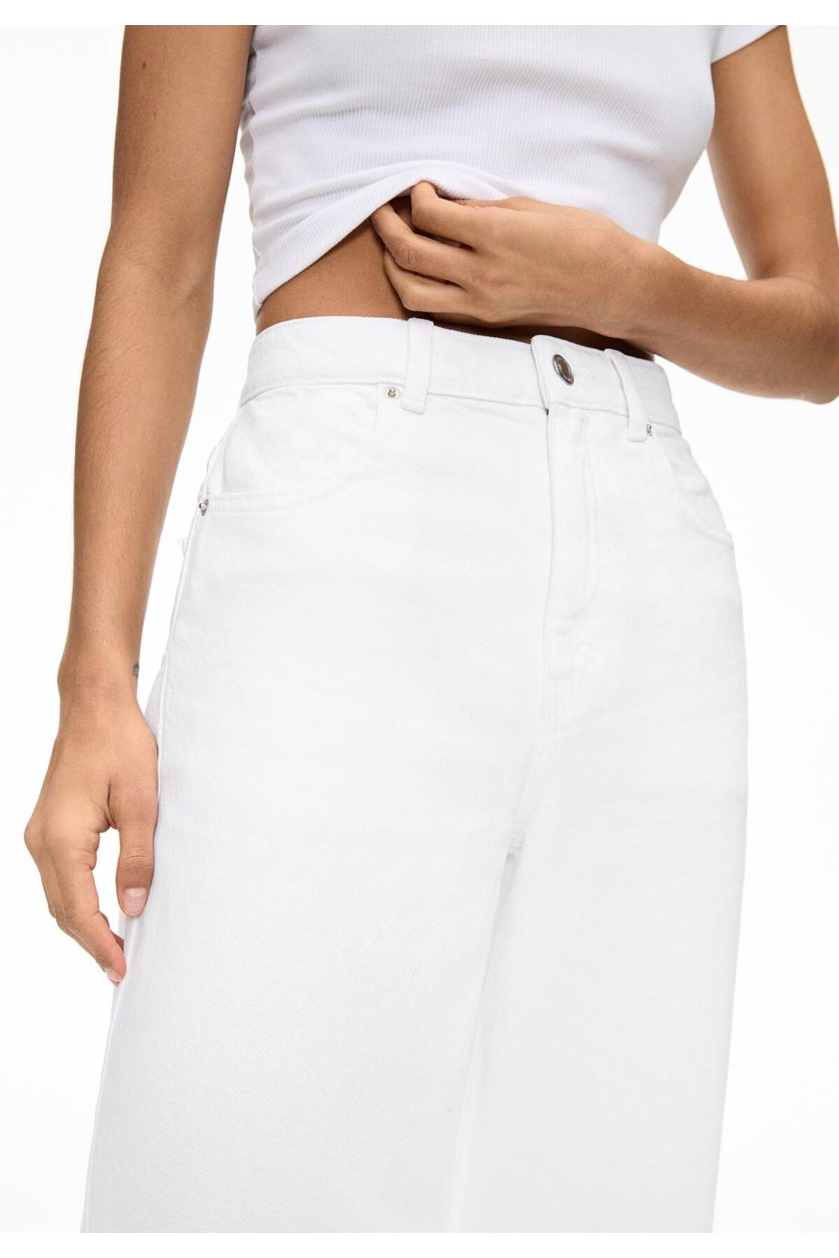 comfort jeans  Beyaz Kadın Likralı Yüksek Bel Wide Leg Salaş Geniş Paça Kot Pantolon - Görsel 2