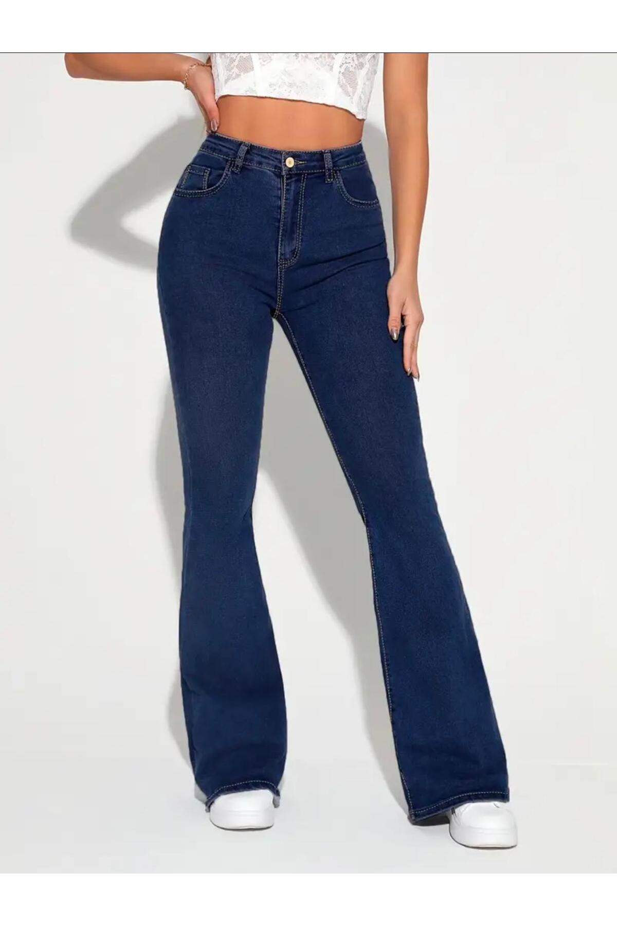 geenz manifacture  Lacivert Kadın Oskar Likralı Yüksek Bel Bej Ispanyol Paça Jeans Pantolon - Görsel 3