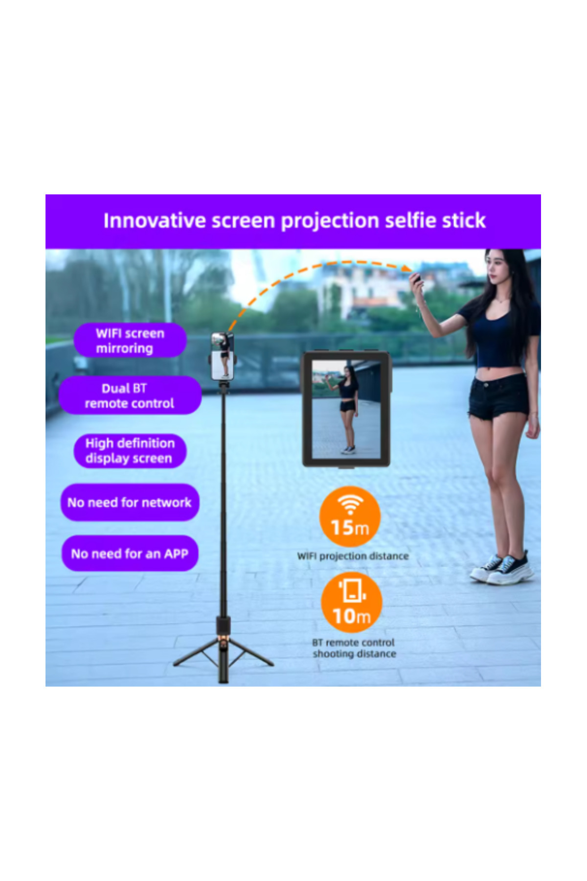 Generic-Fill-In Light Foldable Wireless Selfie Stick with Rear Camera Shooting & Screen Mirroring 3