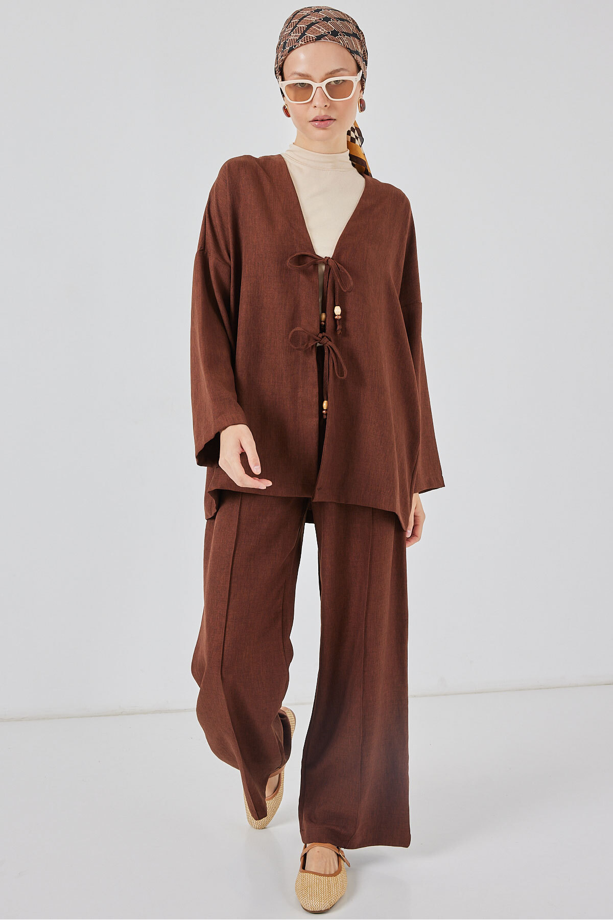 Bigdart Women's Linen Kimono Double Set 6727 - Brown
