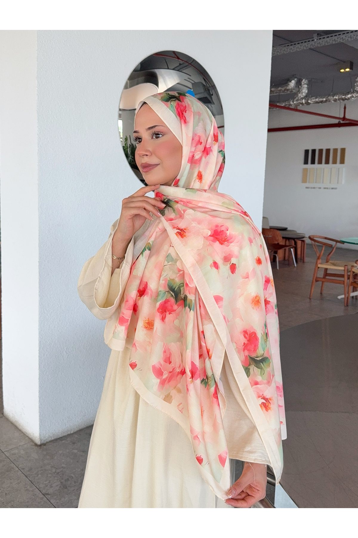 Mira İpek  Desenli Pamuk Soft Şal Mena Serisi Somon Pembe ps61 - Görsel 4