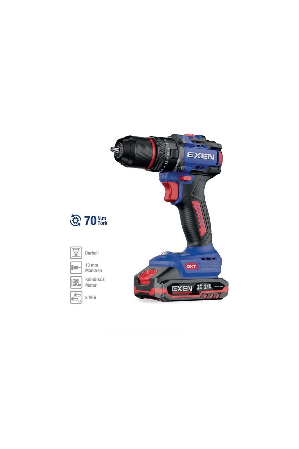 EXEN EN 272 DS 21 V. 2 AH. 70 NM. KÖMÜRSÜZ DARBELİ ŞARJLI MATKAP