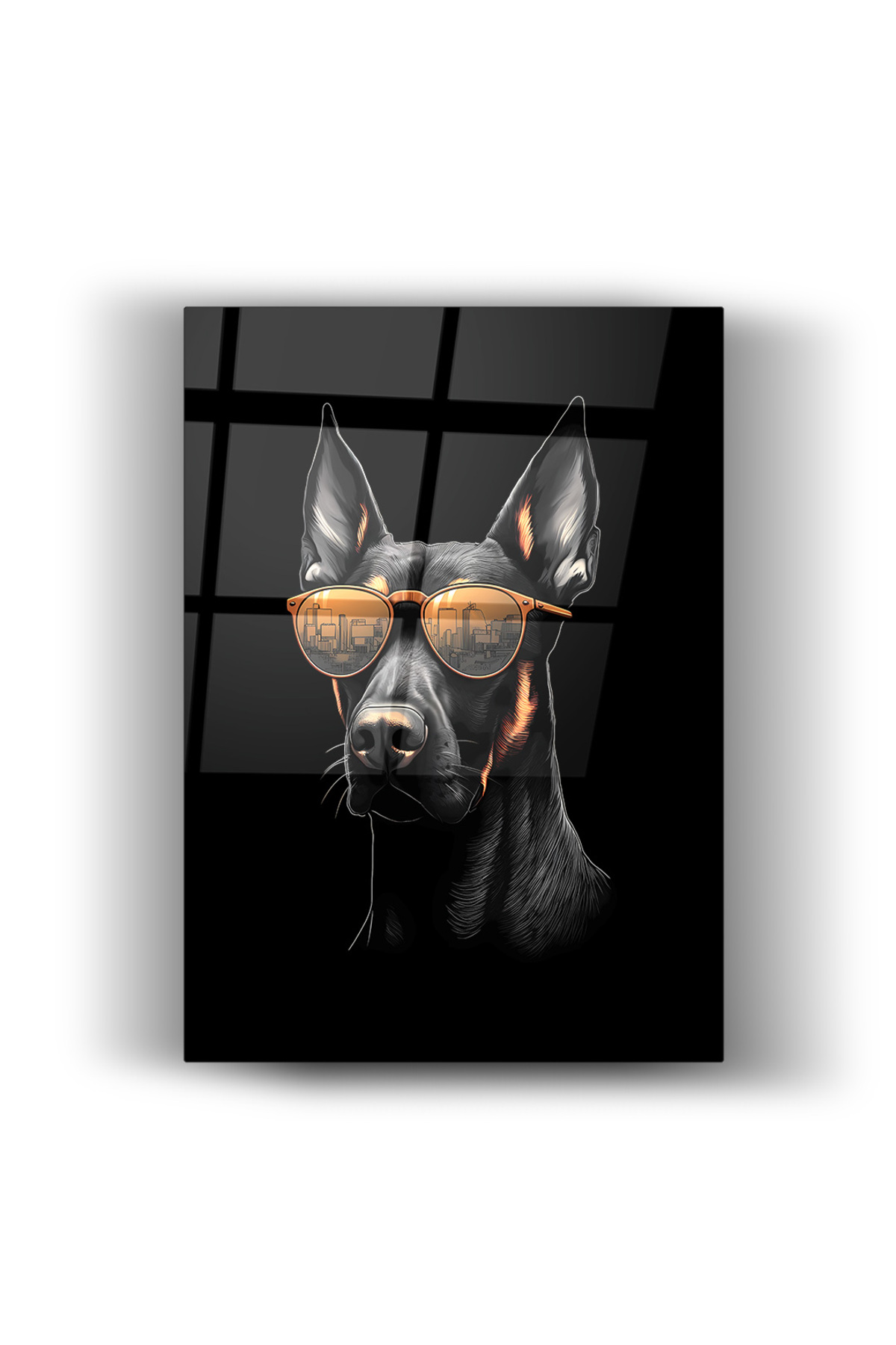 Doberman Tasarımlı Cam Tablo | Güneş Gözlüklü Köpek Desenli Modern Dekor | dekoratif | köpek |DİKEY