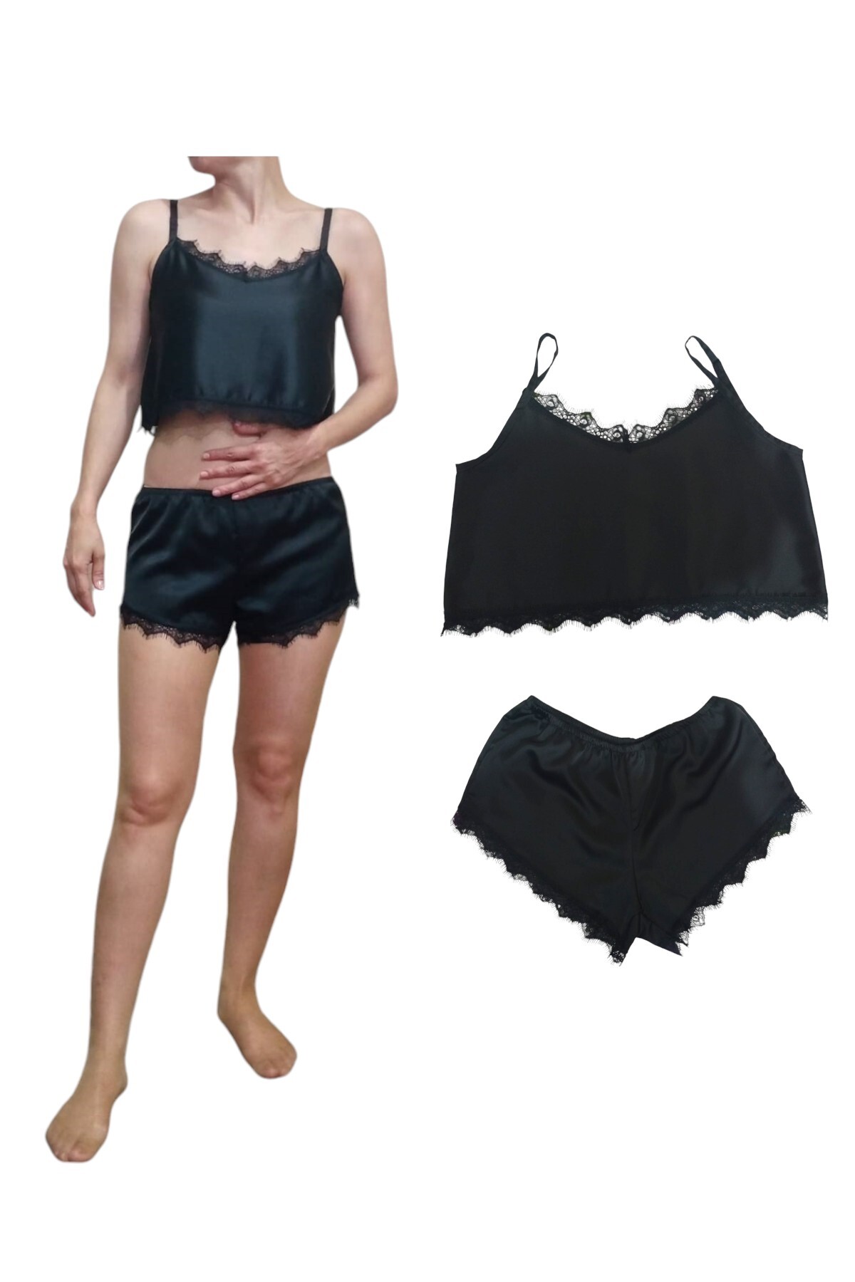 Nadom Siyah Saten Dantelli Rahat Kesim Alt-Üst Şort Crop Şort Takım