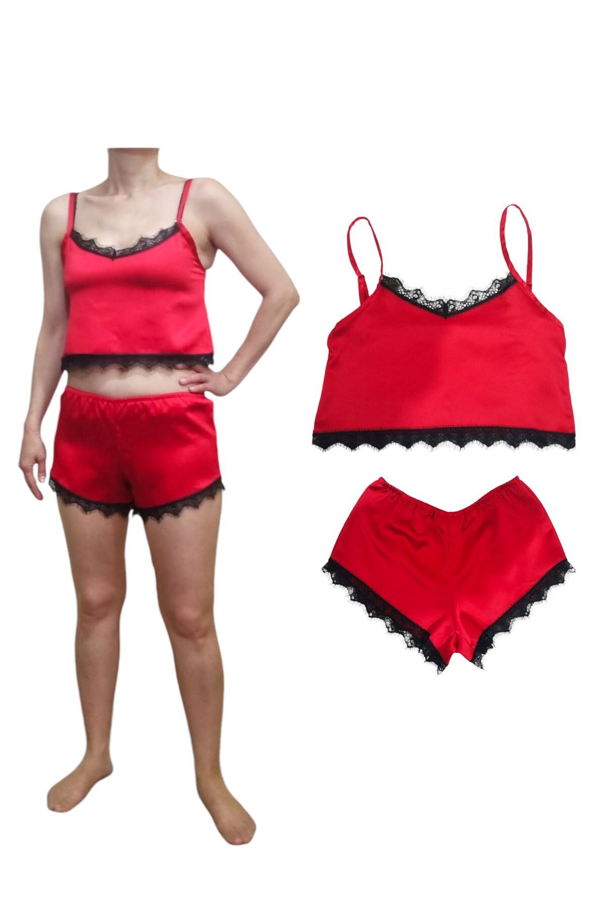 Nadom Kırmızı Saten Dantelli Rahat Kesim Alt-Üst Şort Crop Şort Takım