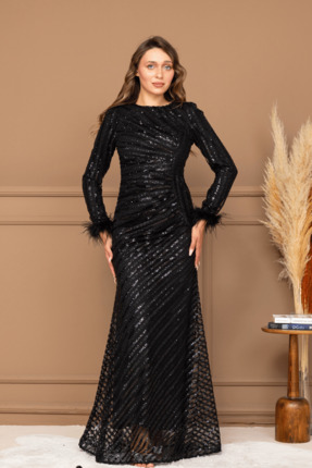 BEYBOS Pul Payet Kumaş Tesettür Abiye Elbise - SİYAH