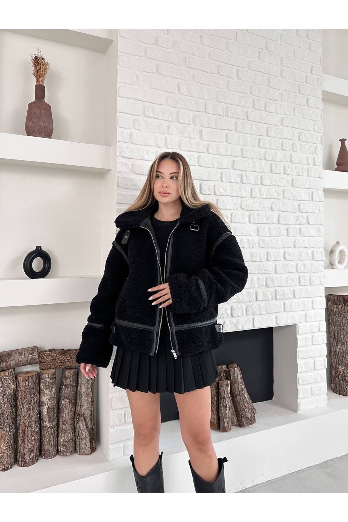 Manteau long en peluche oversize pour femme noir - Görsel 5