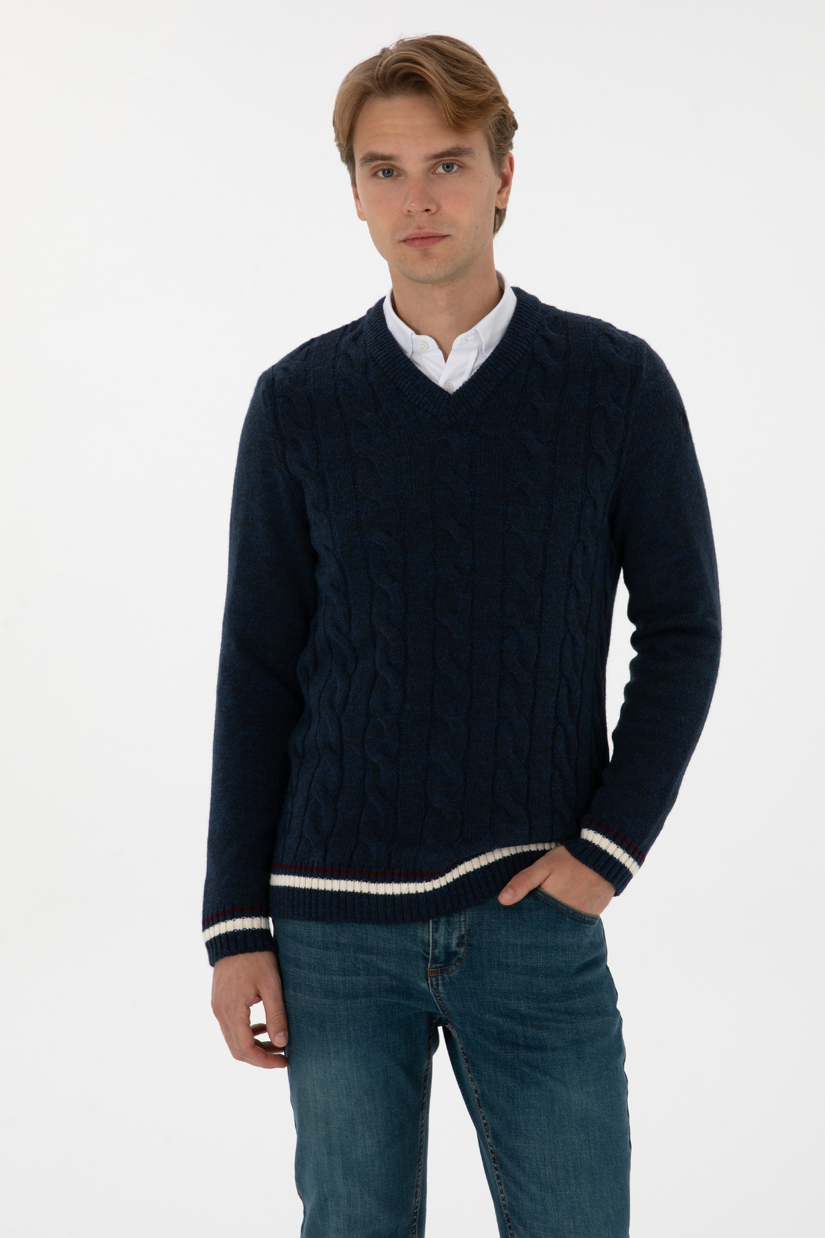 یو اس پولو ژاکت مردانه یقه هفت سرمه‌ای سایز معمولی 50308337-VR033