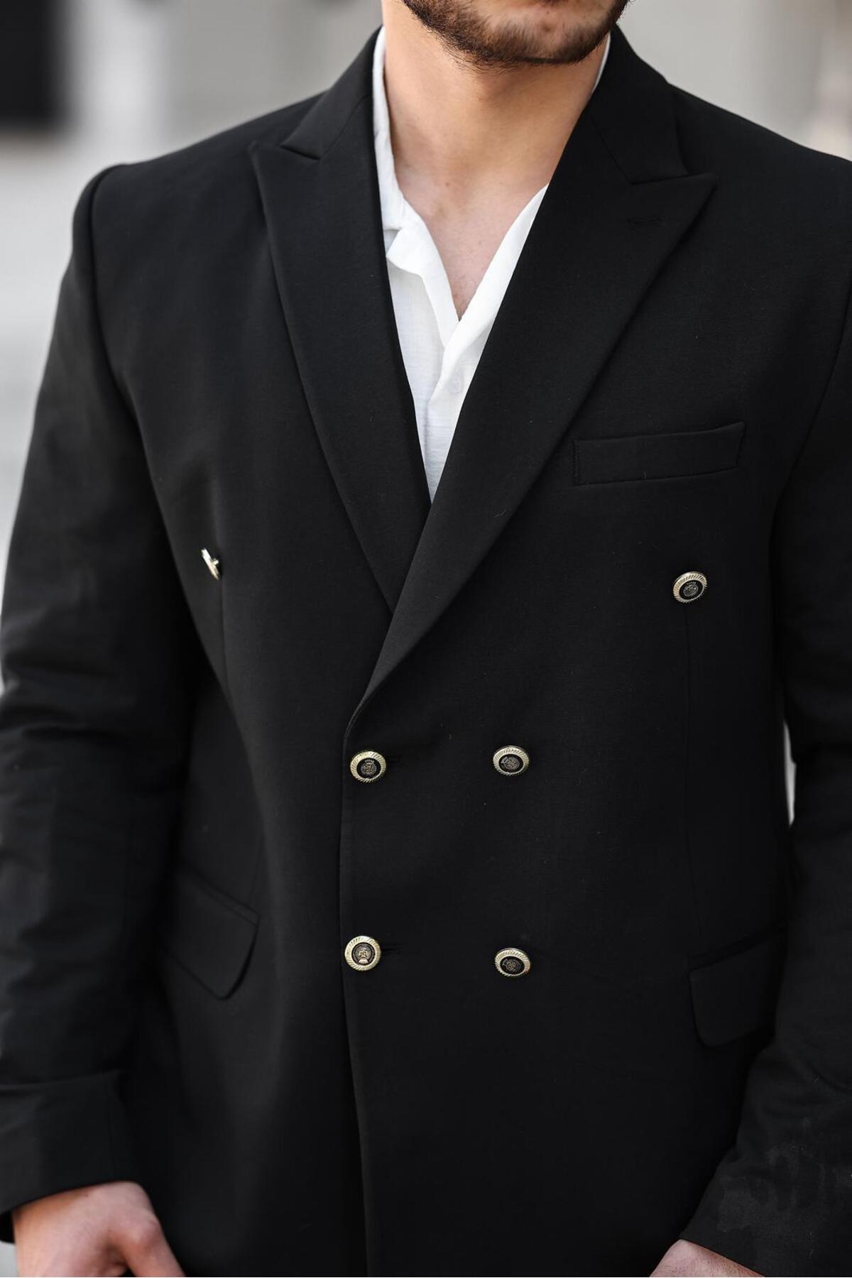 SABRİ ZENGİN  Erkek Siyah Slim Fit Penye Kumaş Kruvaze Ceket - Görsel 4