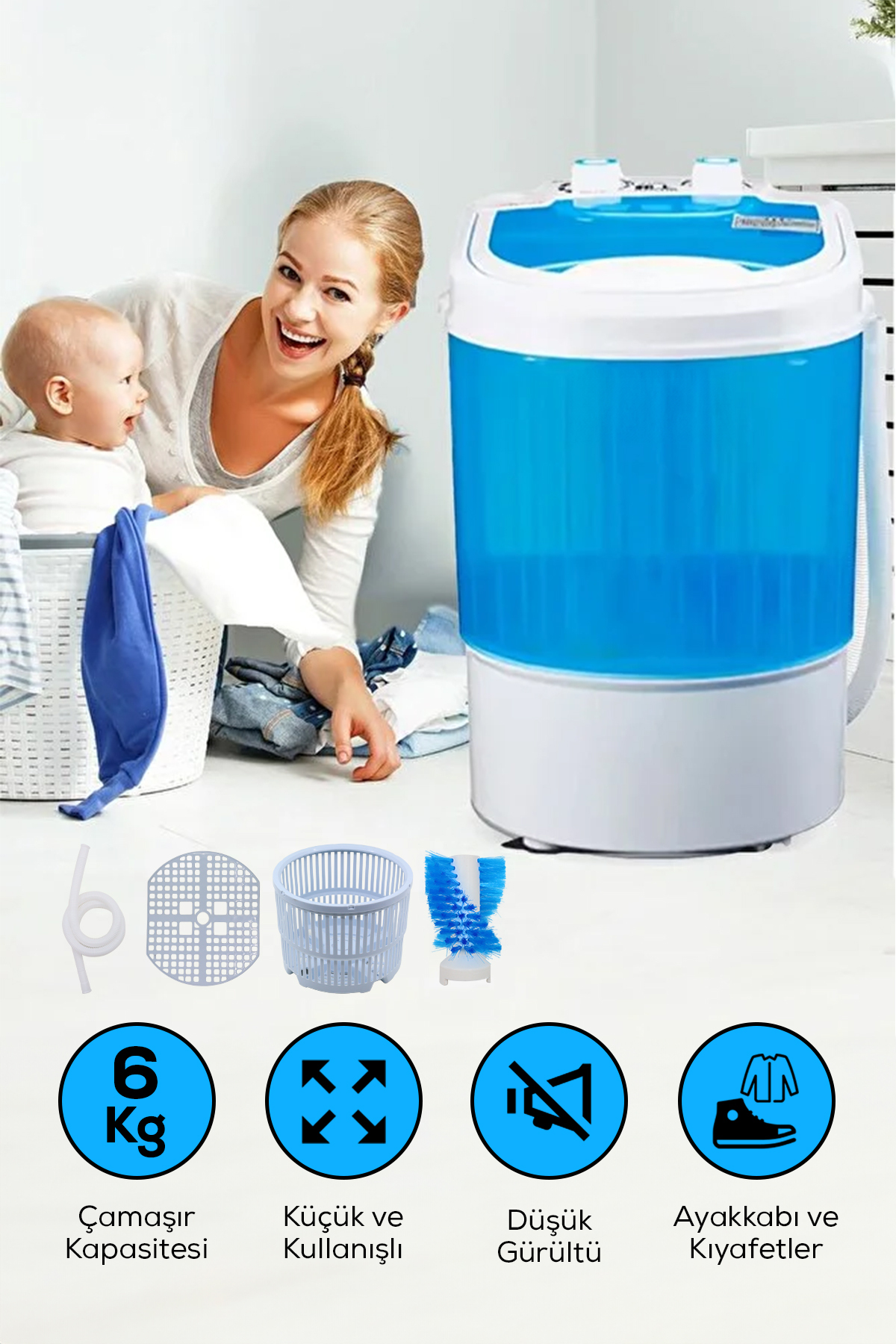 ALFAGİFT 6 Kg Mini Çamaşır ve Ayakkabı Yıkama Makinesi Sessiz Taşınabilir Ayakkabı Temizleyici