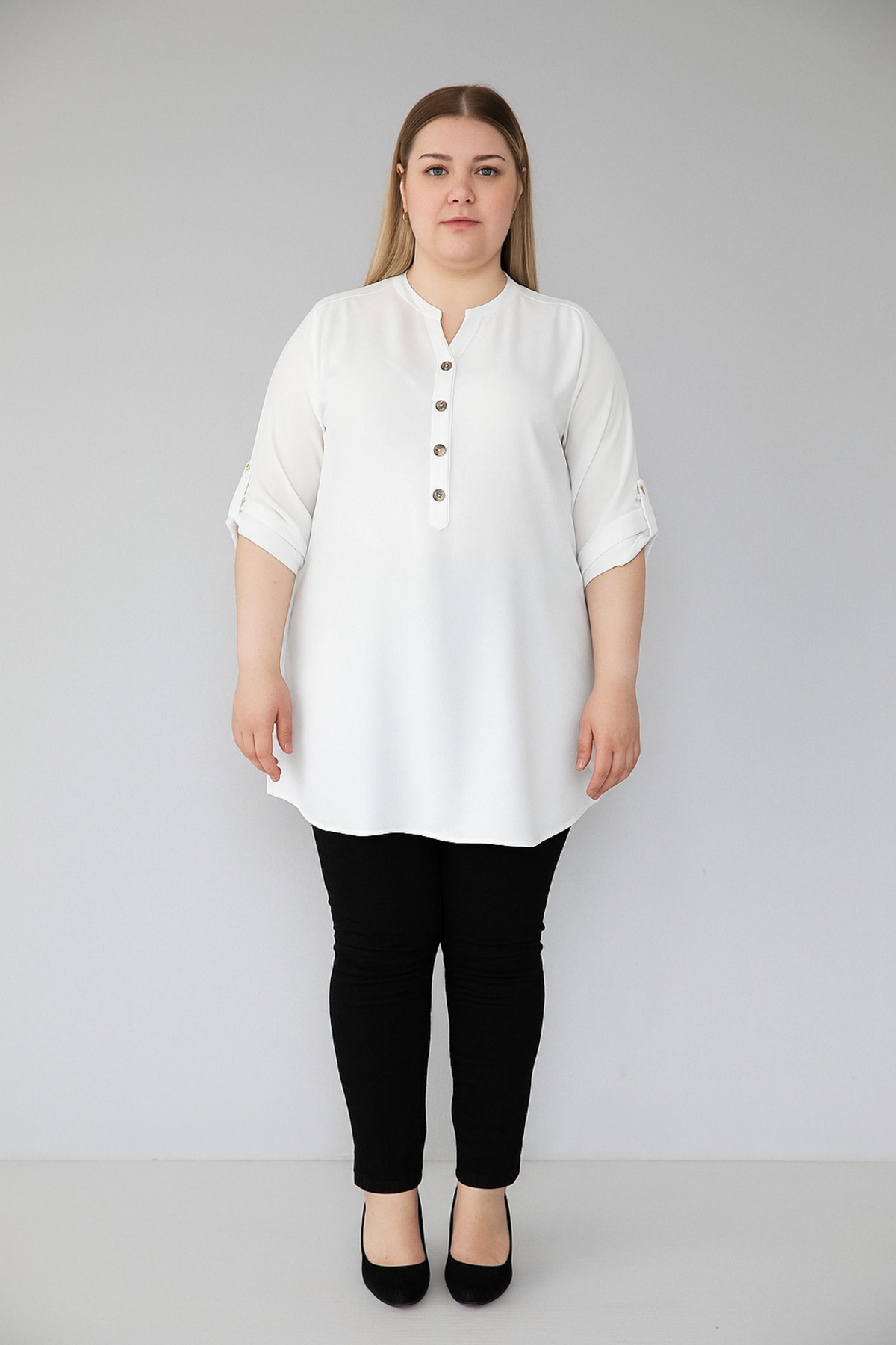 ribana Kadın Büyük Beden Düğme Detaylı Jesica Kumaş Katlama Kol Hakim Yaka Tunik