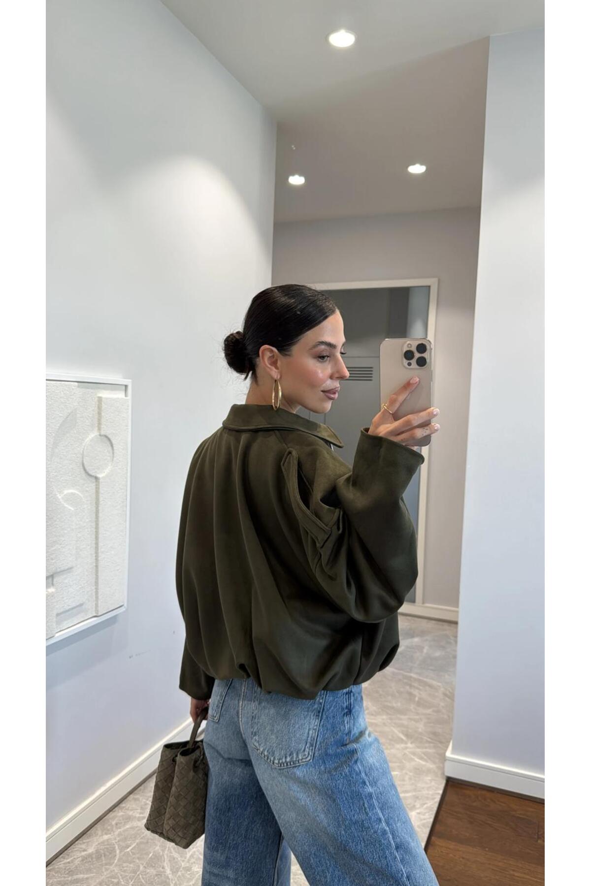 FMN Butik pinterest model bomber süet kumaş tasarım dik yaka marka muadil şık astarlı mont kaban ceket görsel 2