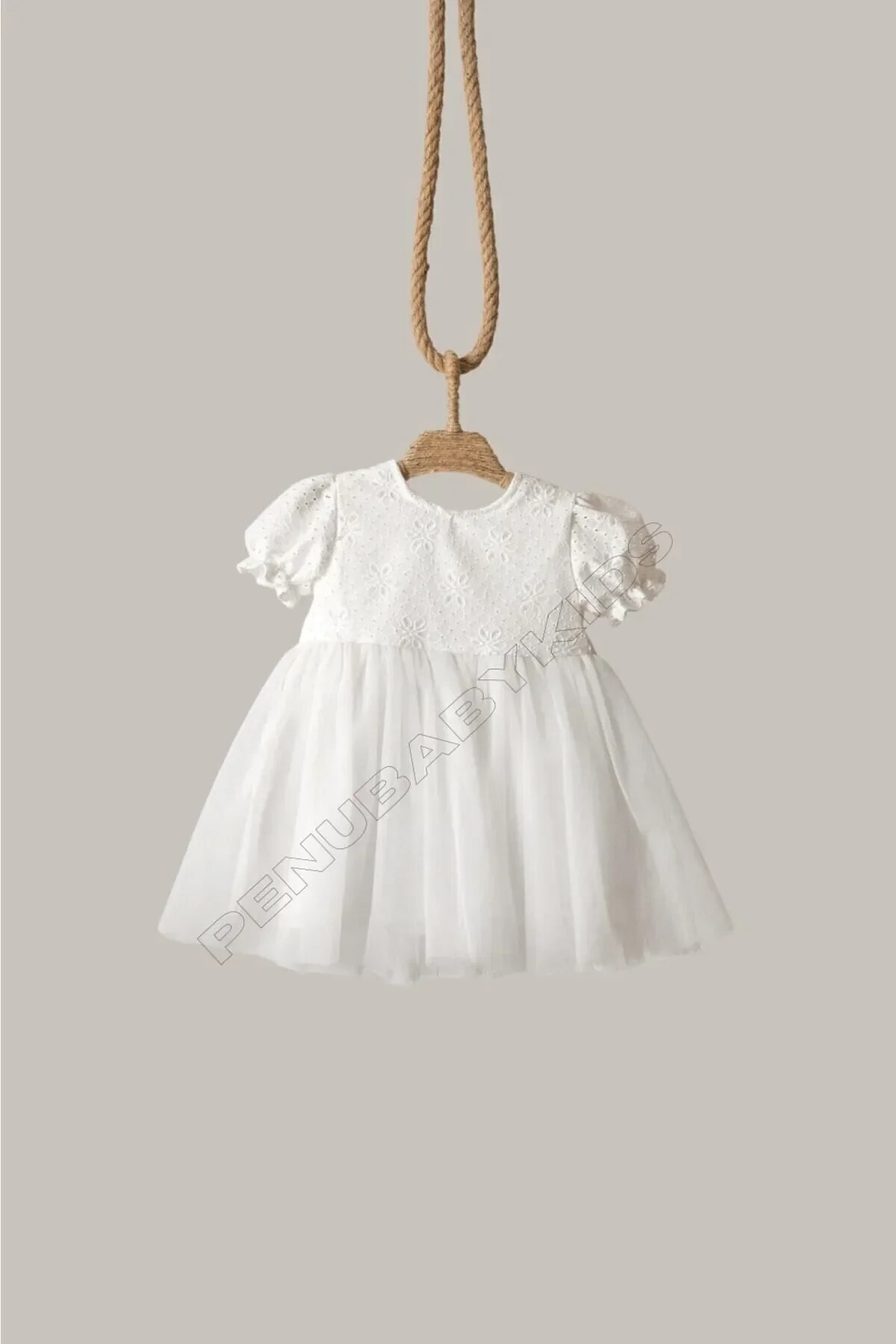 penu baby kids Ekru Fisto Kumaş Altı Tül Etekli Kısa Kollu Fiyonklu Kız Çocuk Kız Bebek Elbise fotoğrafı 6 (önizleme)