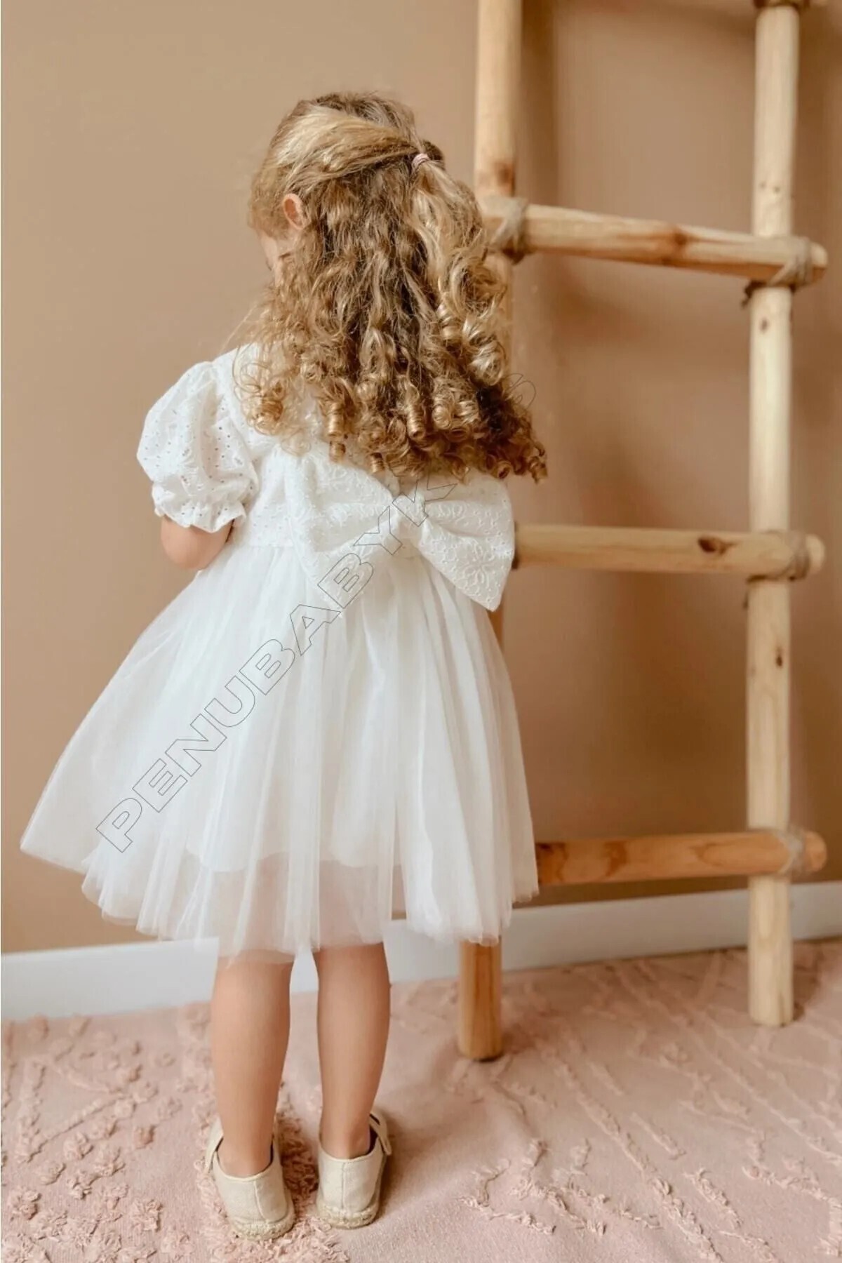 penu baby kids Ekru Fisto Kumaş Altı Tül Etekli Kısa Kollu Fiyonklu Kız Çocuk Kız Bebek Elbise fotoğrafı 2 (önizleme)