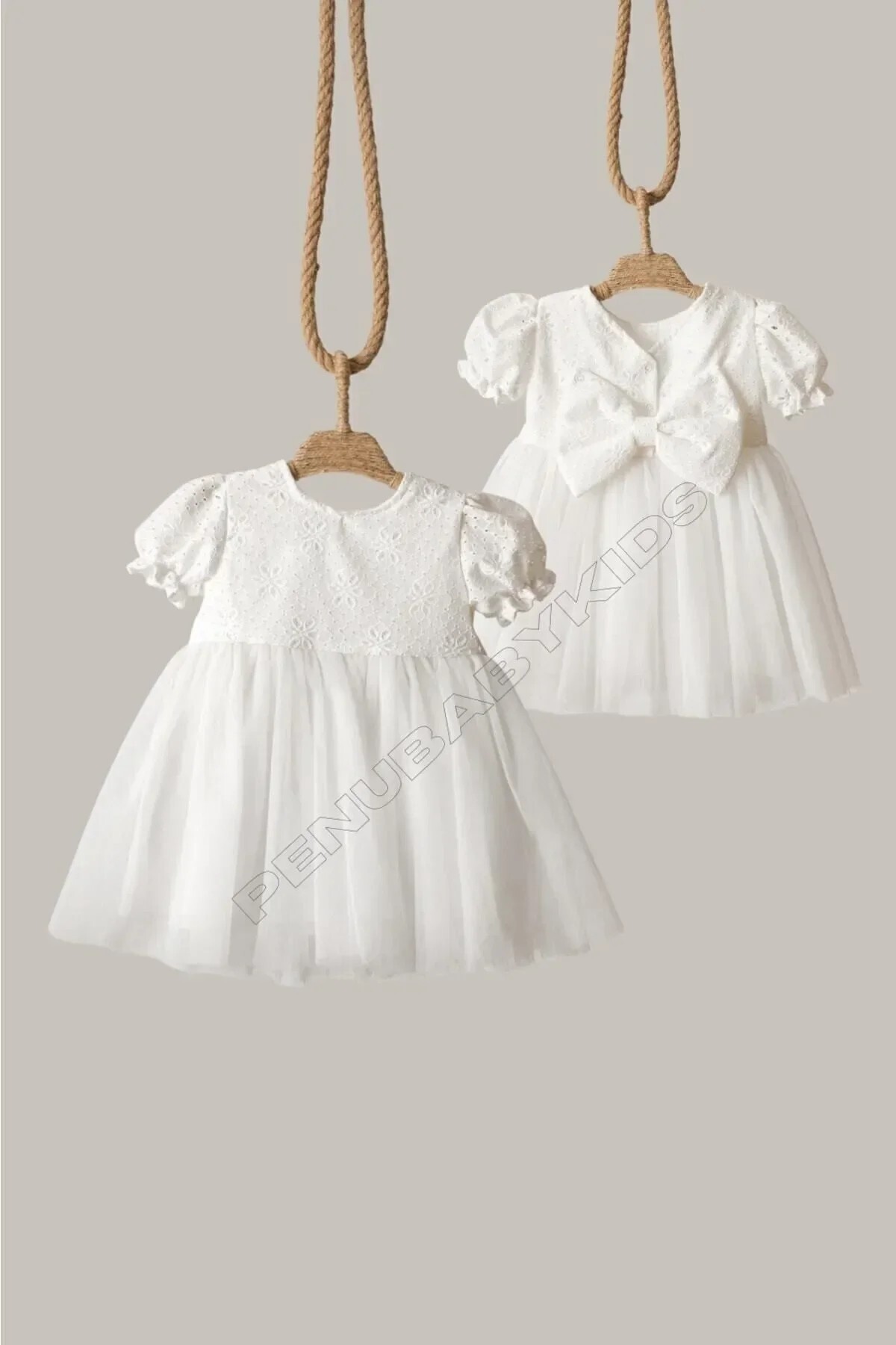 penu baby kids Ekru Fisto Kumaş Altı Tül Etekli Kısa Kollu Fiyonklu Kız Çocuk Kız Bebek Elbise fotoğrafı 5 (önizleme)