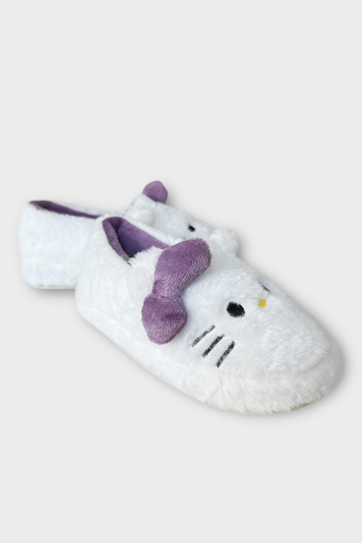 Liger Kışlık Kadın HelloKitty Figürlü Kaydırmaz Taban Ev Ayakkabısı Panduf BEYAZ - MOR görsel 2