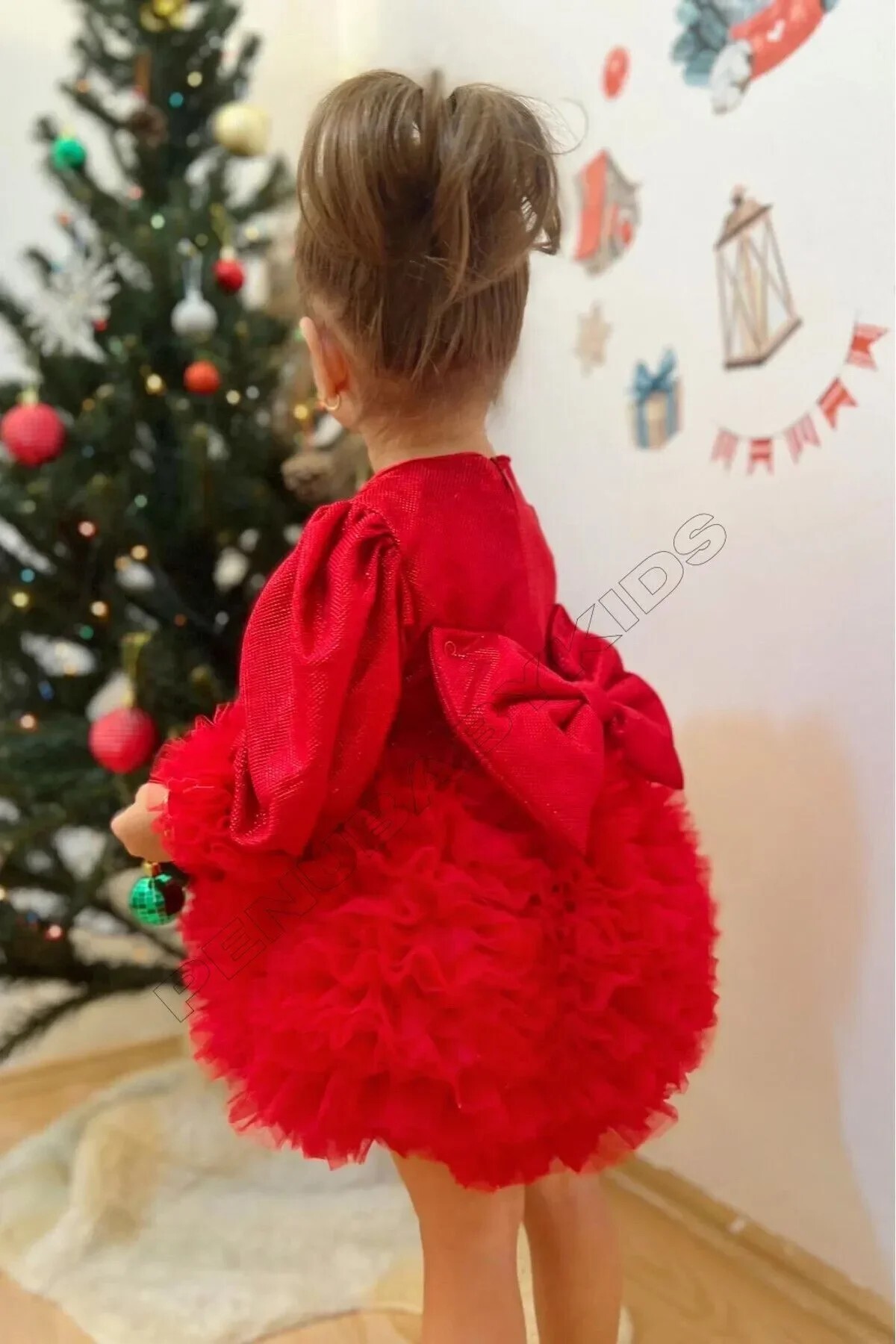 penu baby kids Kırmızı Pırıltı Kumaş Tütü Etekli Fiyonklu Uzun Kollu Kız Çocuk Kız Bebek Elbise fotoğrafı 4 (önizleme)