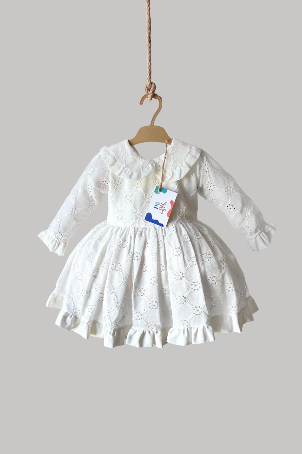 penu baby kids Ekru Bebe Yakalı Fiyonklu Fisto Kumaş Uzun Kollu Kız Çocuk Kız Bebek Elbise fotoğrafı 6 (önizleme)