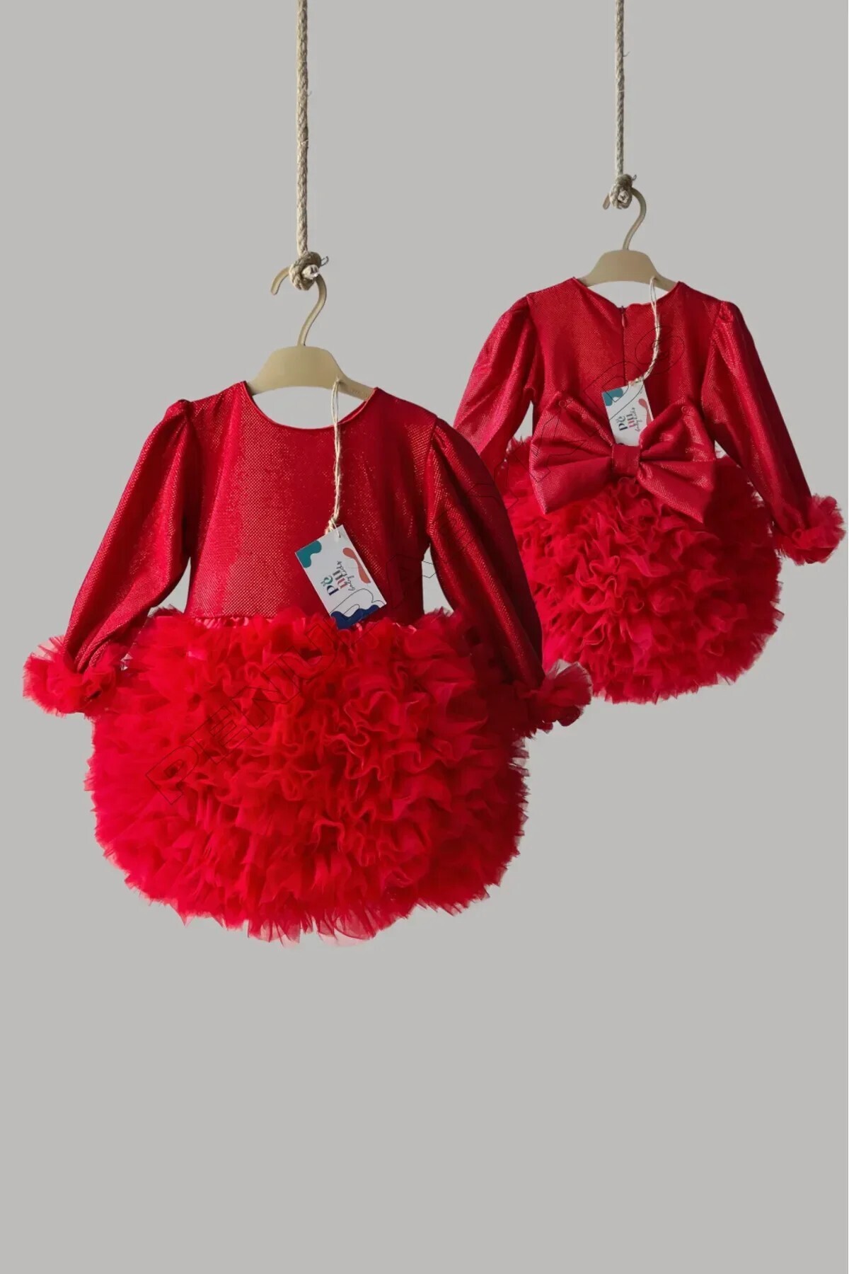 penu baby kids Kırmızı Pırıltı Kumaş Tütü Etekli Fiyonklu Uzun Kollu Kız Çocuk Kız Bebek Elbise fotoğrafı 5 (önizleme)