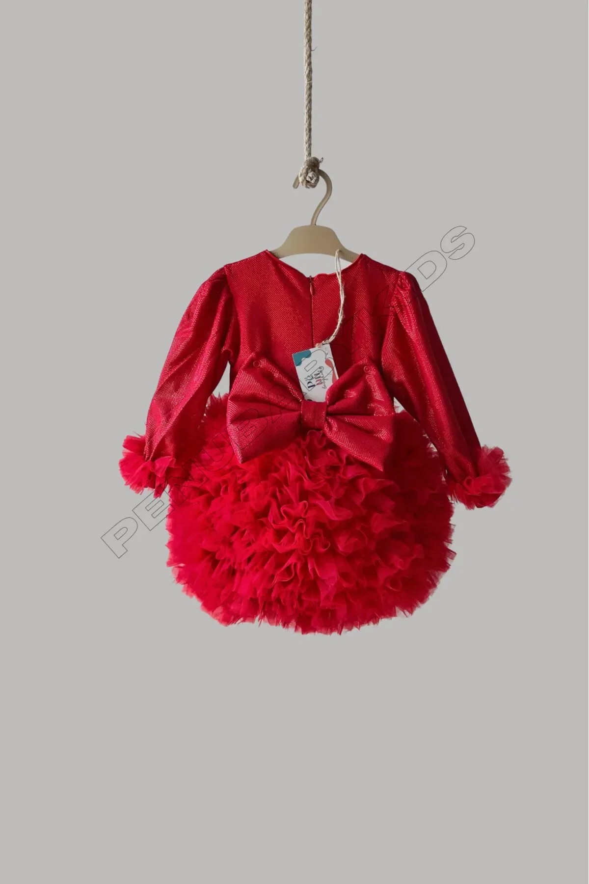 penu baby kids Kırmızı Pırıltı Kumaş Tütü Etekli Fiyonklu Uzun Kollu Kız Çocuk Kız Bebek Elbise fotoğrafı 7 (önizleme)