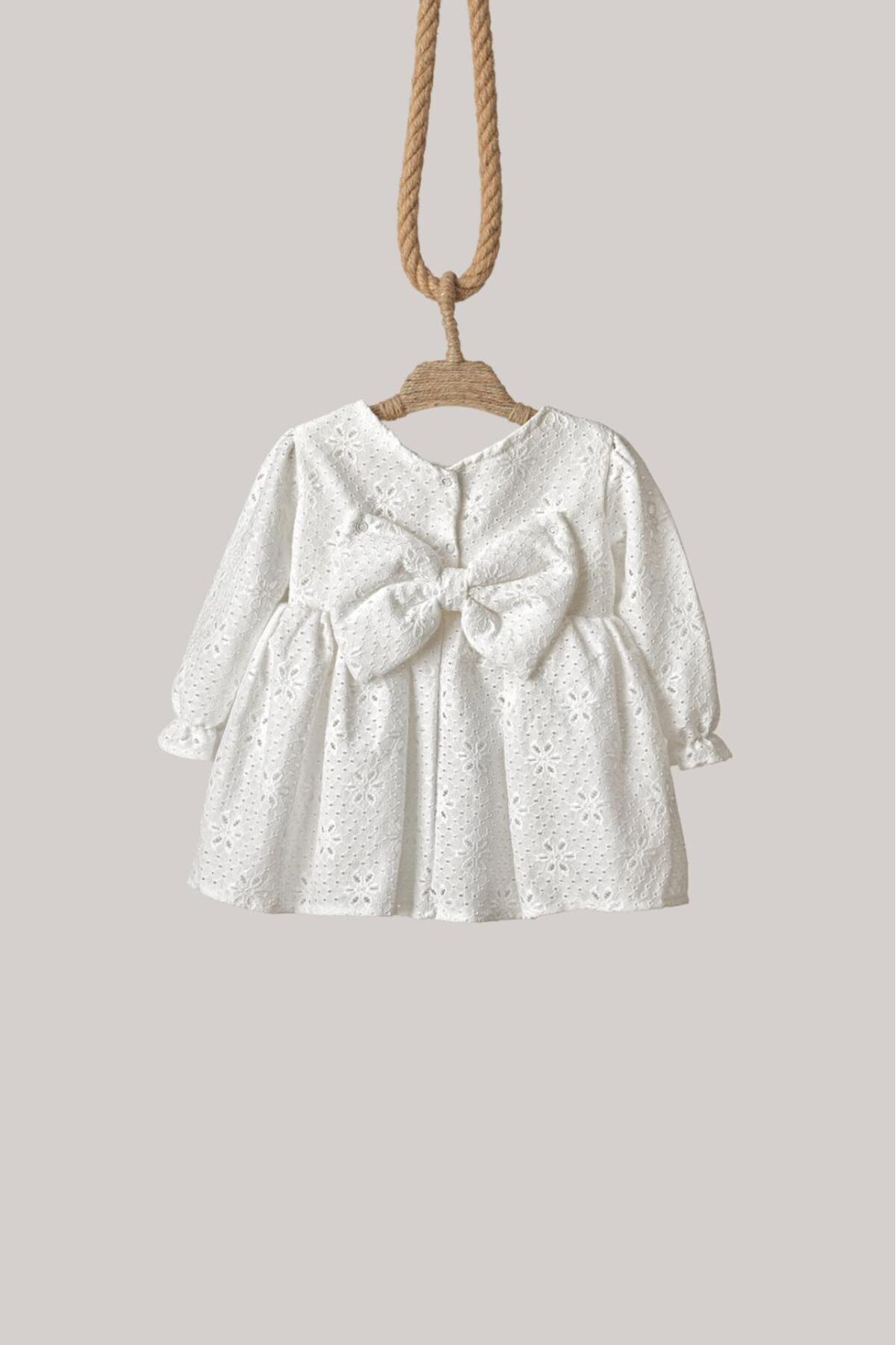 penu baby kids Ekru Çiçek Desenli Fisto Kumaş Fiyonklu Uzun Kollu Kız Çocuk Kız Bebek Elbise fotoğrafı 6 (önizleme)