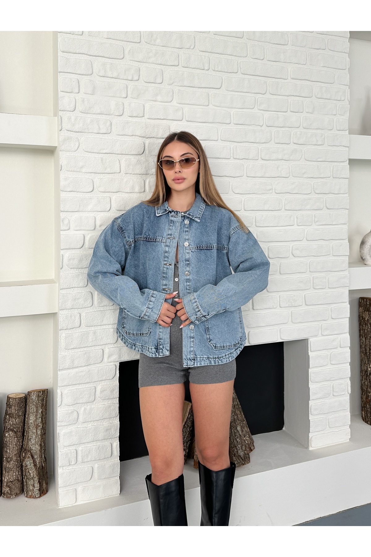 Ekim Store  Mavi Yıkamalı Büyük Cepli Denim Ceket - Görsel 3
