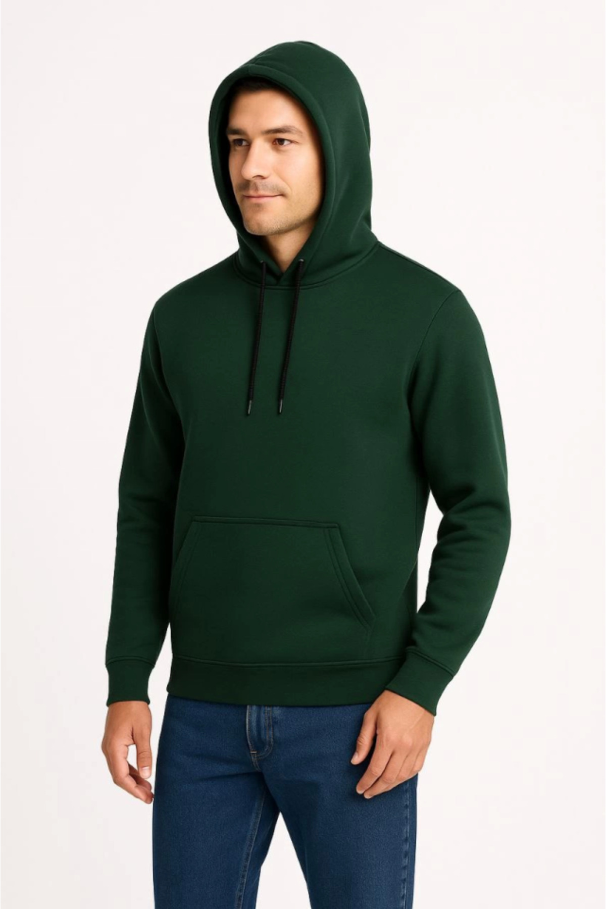 Erkek Üç İplik Kapüşonlu Kanguru Cepli SweatShirt Hoodie - Haki