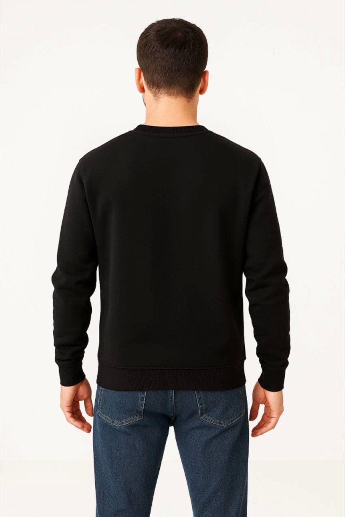 Erkek Üç İplik Düz Bisiklet Yaka SweatShirt - Siyah