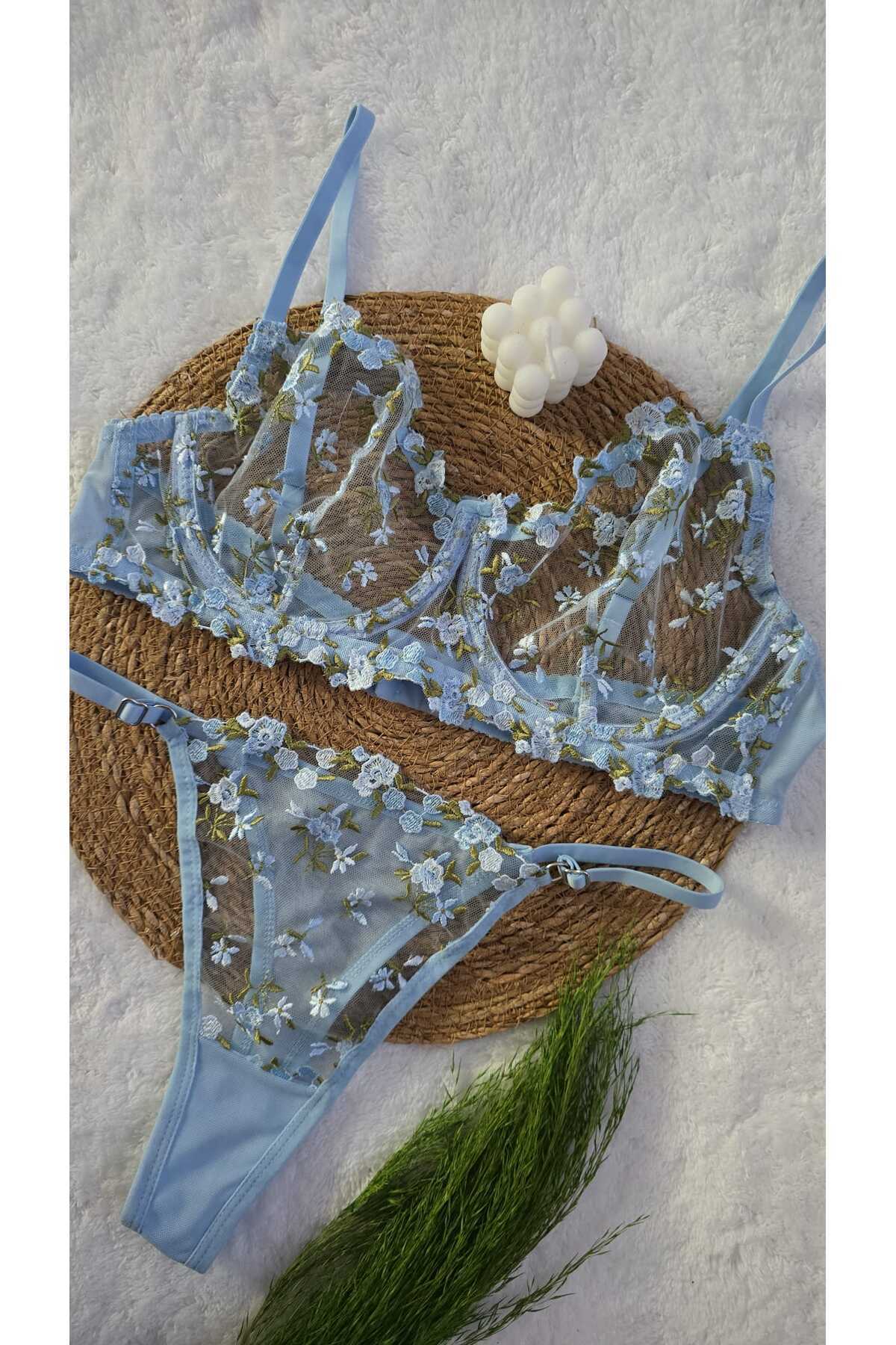 more than socks  Mavi Minik Çiçek Desenli Balenli Sütyen Takım - Görsel 5