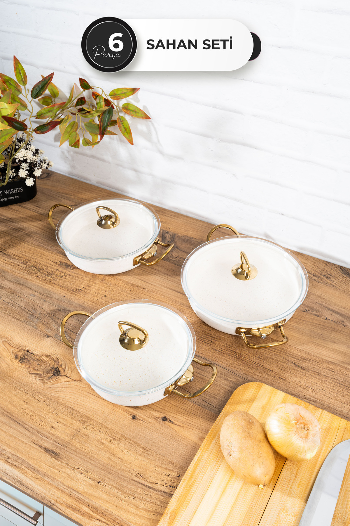 Homekolik 6 Parça Granit Cam Kapaklı Beyaz Metal Kulp Sahan Seti 18-20-22 cm – Gold Kulp, Şık & Pratik