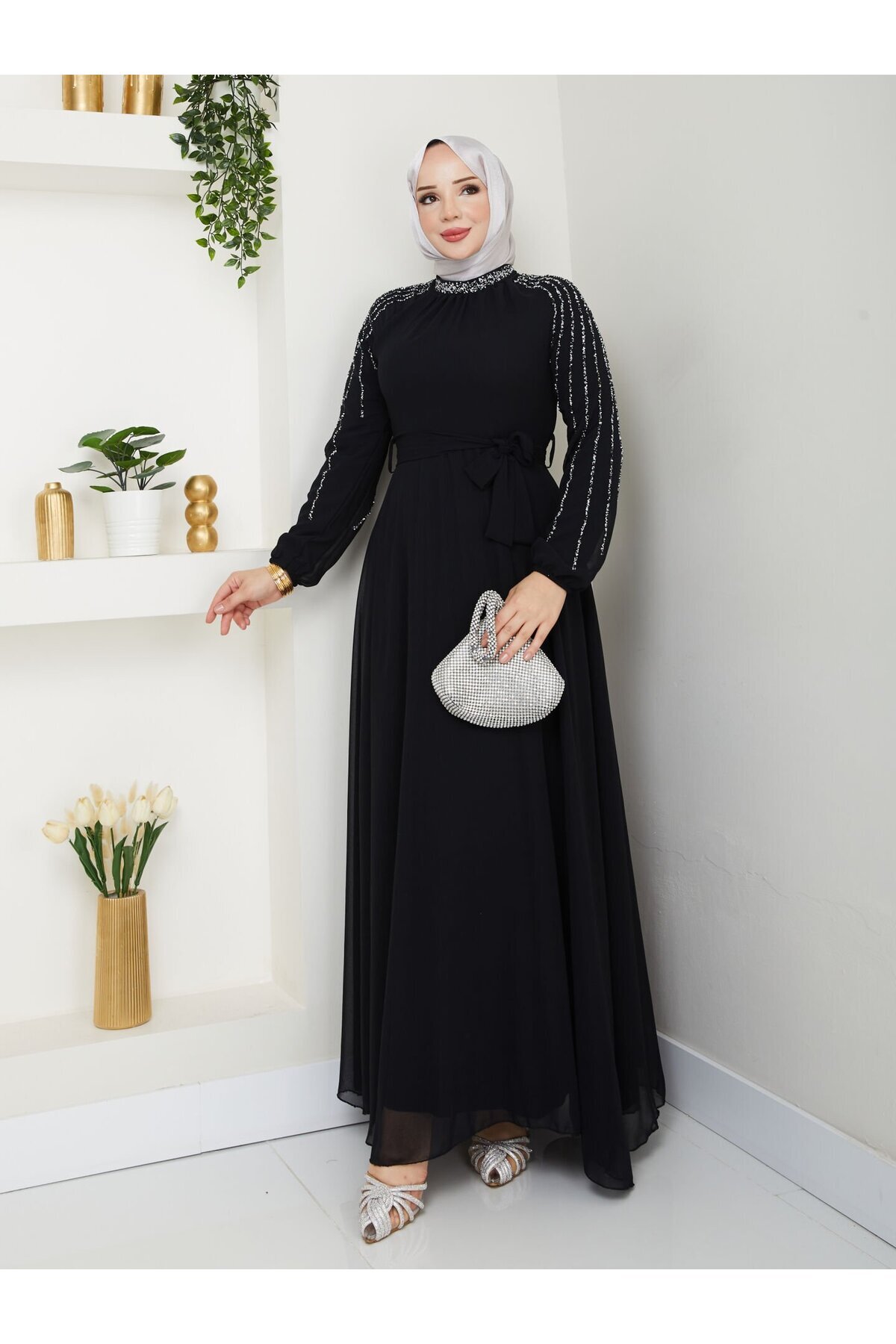 hiramir Kadın Kolları İşlemeli Astarlı Abiye Elbise YZ2501