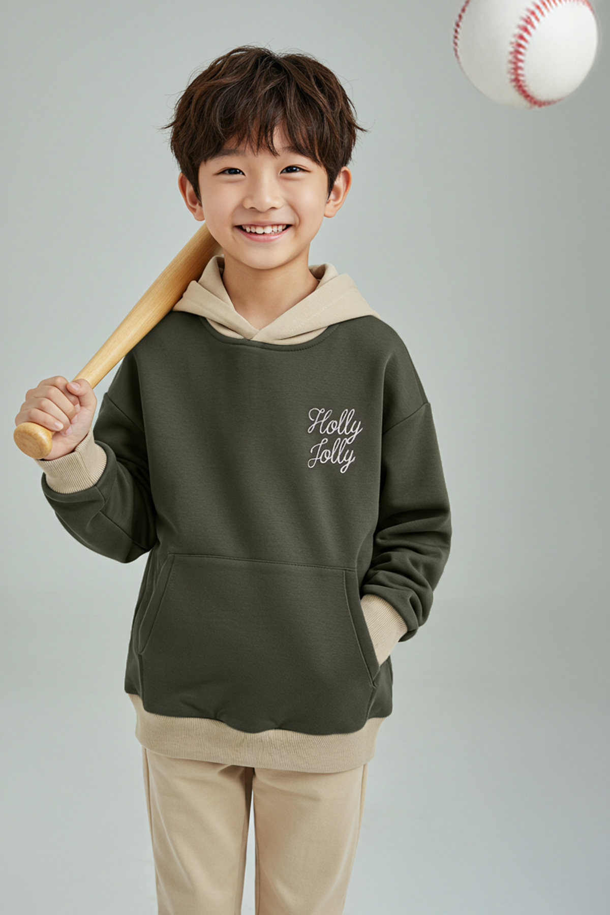 Trendyolmilla Kids Haki Pamuklu Slogan Baskı Kapüşonlu Oversize Örme Erkek Çocuk Sweatshirt TKDAW26SW00011