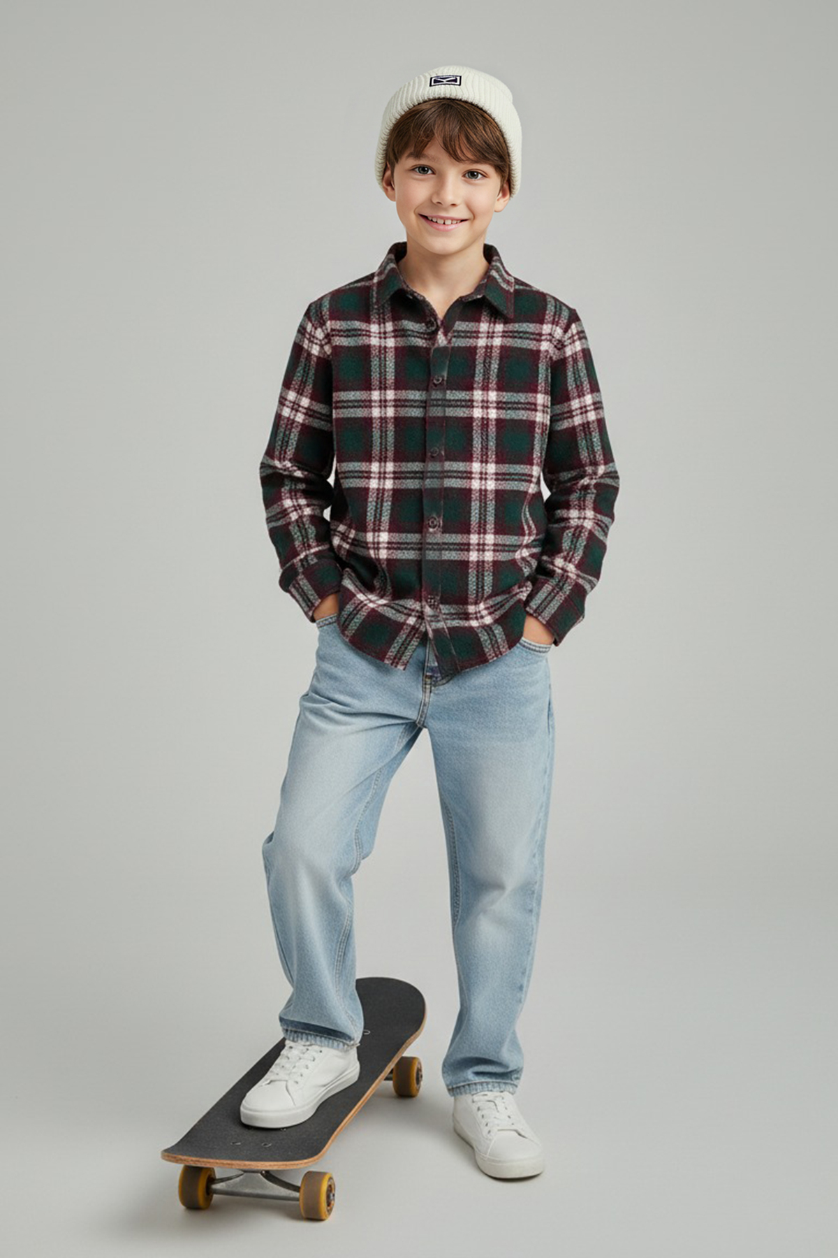 Trendyolmilla Kids Bordo Pamuklu Ekose Oduncu/Flanel Gömlek Yaka Regular Dokuma Erkek Çocuk Gömlek TKDAW26GO00001