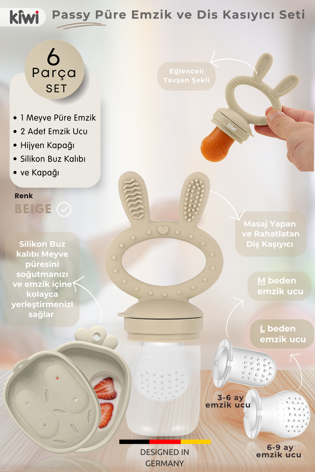 Kiwi Passy Püre Emzik ve Diş Kaşıyıcı Bebek Meyve Süzgeci+Buz Kalıbı - Bej