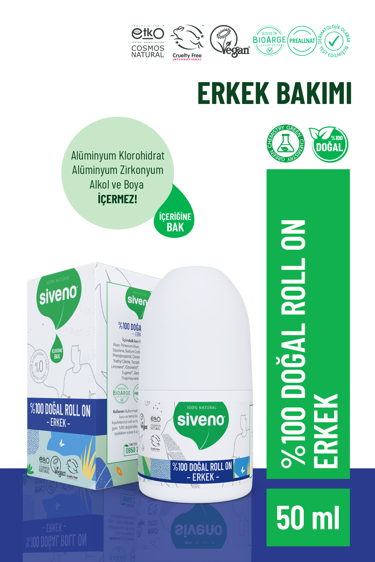 Siveno %100 Doğal Roll-on Erkek Deodorant Ter Kokusu Önleyici Bitkisel Leke Bırakmayan Vegan 50 ml