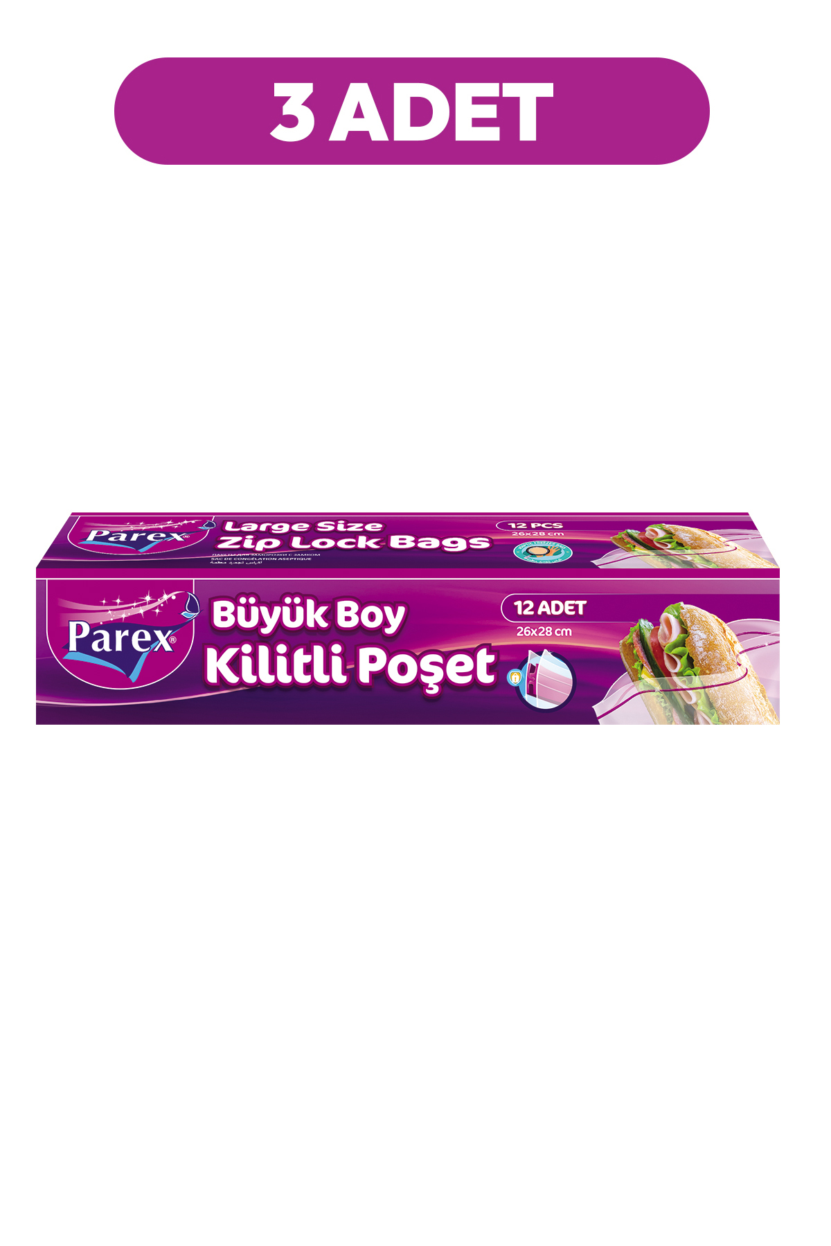 Parex Kilitli Buzdolabı Poşet Büyük Boy 12'li 26 x 28 cm Üçlü Set