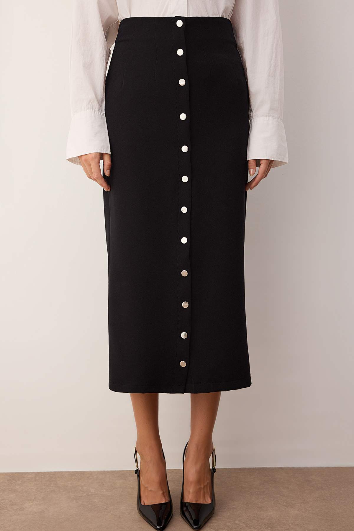 Trendyolmilla  Siyah Çıtçıtlı Ayarlanabilir Midi Dokuma Party Etek TPRAW26ET00006 - Görsel 3