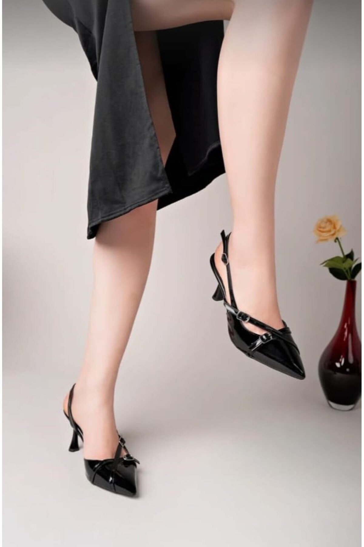 BARAZİ MODA  Siyah Rugan Çift Bantlı Toka Detaylı Kadın Topuklu Ayakkabı - Görsel 4