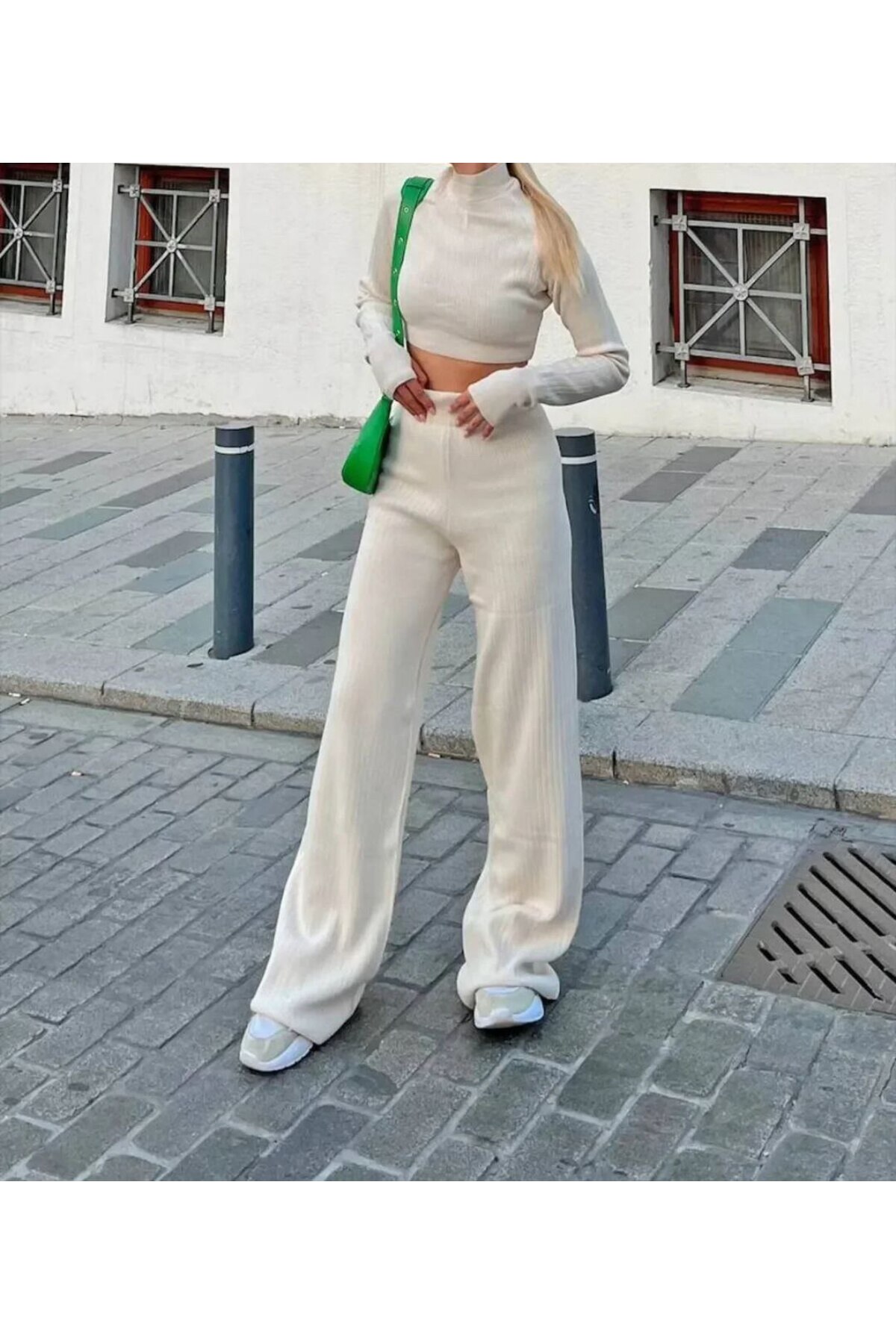 Ensemble tricot col roulé demi avec passants pour les doigts - Görsel 3