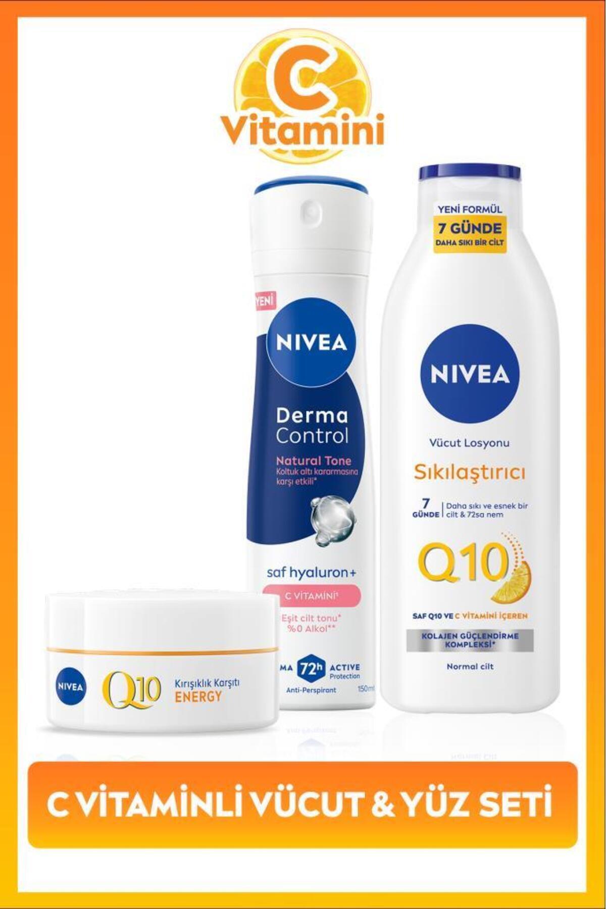 NIVEA Kadın Sprey Deodorant Derma Control Natural Tone 150ml,Q10 Sıkılaştırıcı Losyon400ml ve Gündüz Kremi — SET.NVE.1219