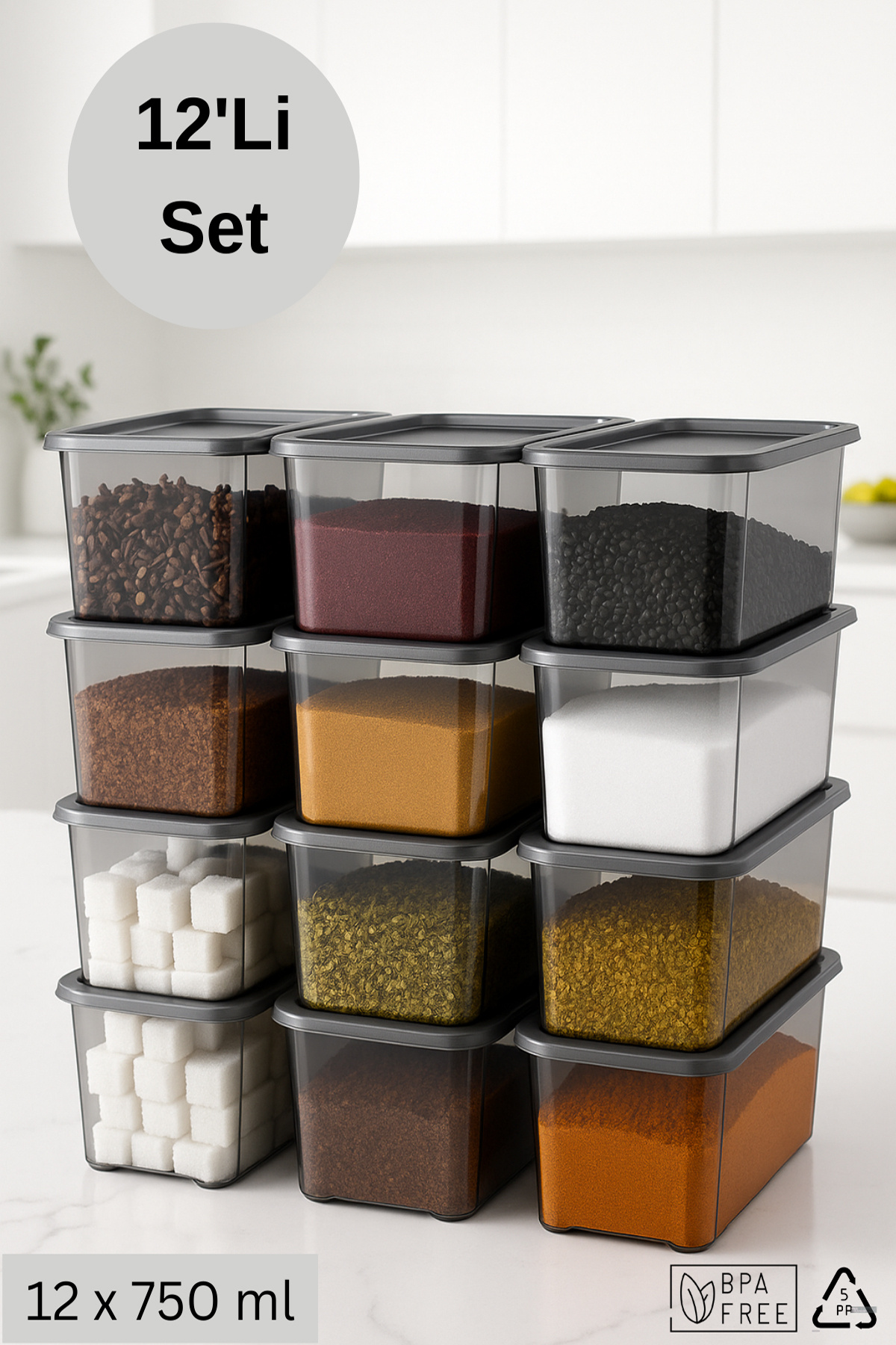 Espas Home-Rectangular Storage Container & Spice Jar 12 Pieces - 750 ml 1