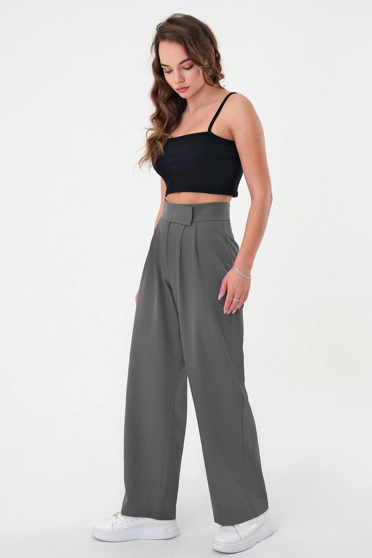 Hazel  Kadın Antrasit Yüksek Bel Cırtlı Palazzo Pantolon - Görsel 3