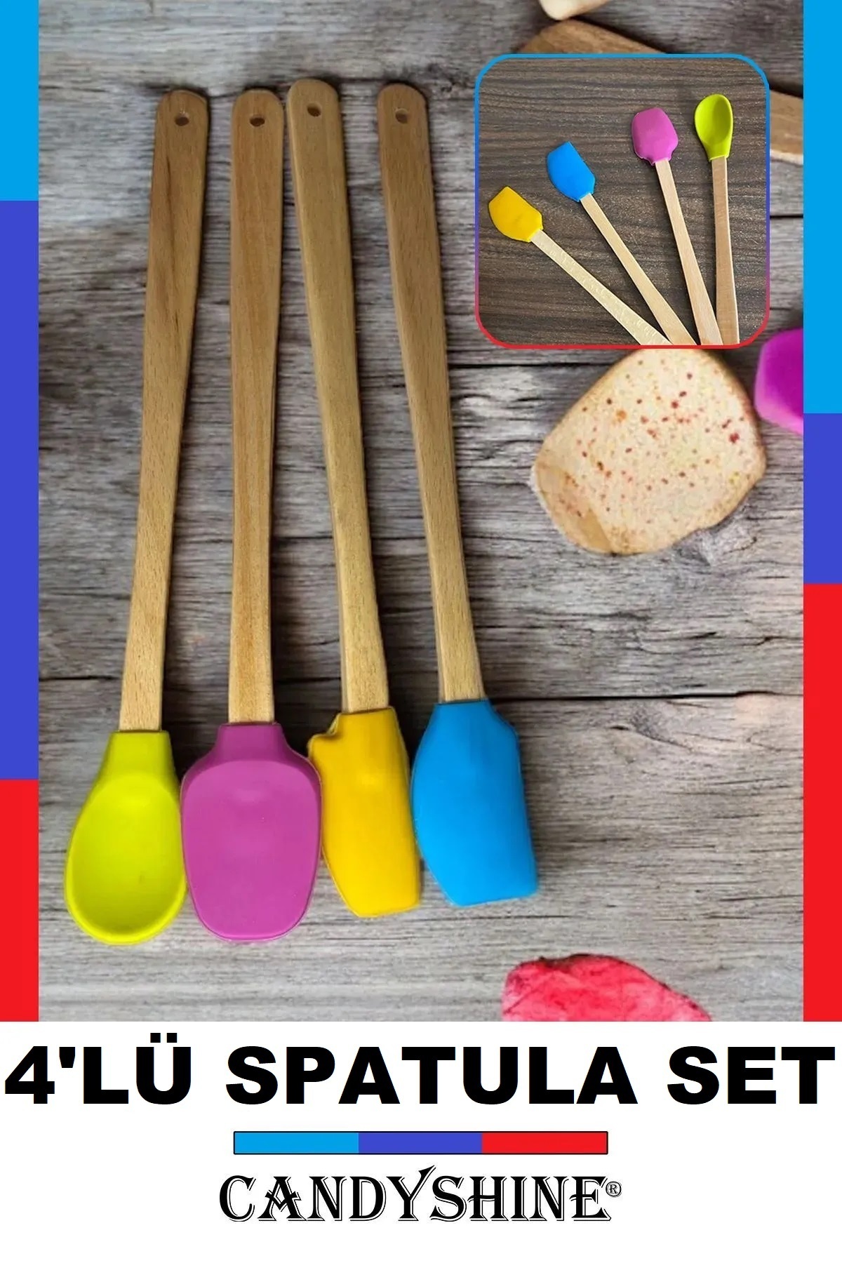 CandyShine Çizmez Renkli Silikon Ahşap Saplı Silikon Uçlu Mutfak Seti Spatula Kaşık Seti