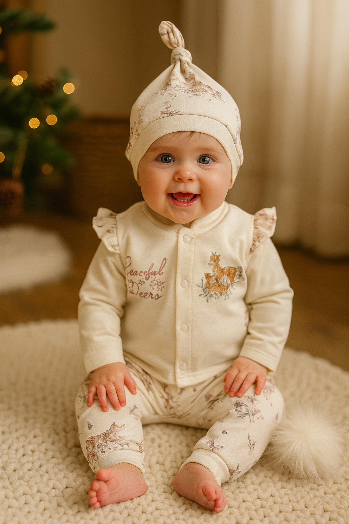 Geyik Baskılı Bereli Kız Bebek Takım